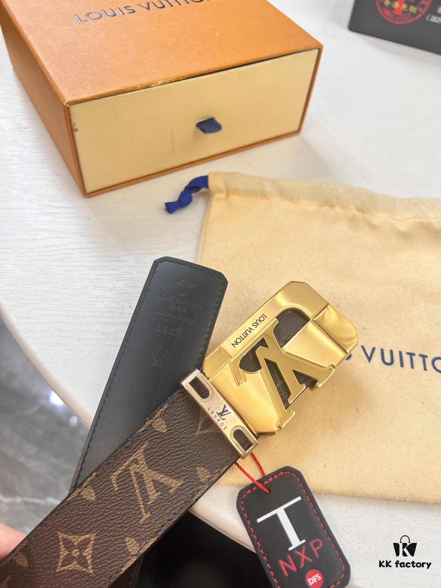 LV Men's Belt, New Style, Checkered Imported Fabric, Genuine Cowhide, Official Website Version, Luxury Custom Leather, 3.8cm Width