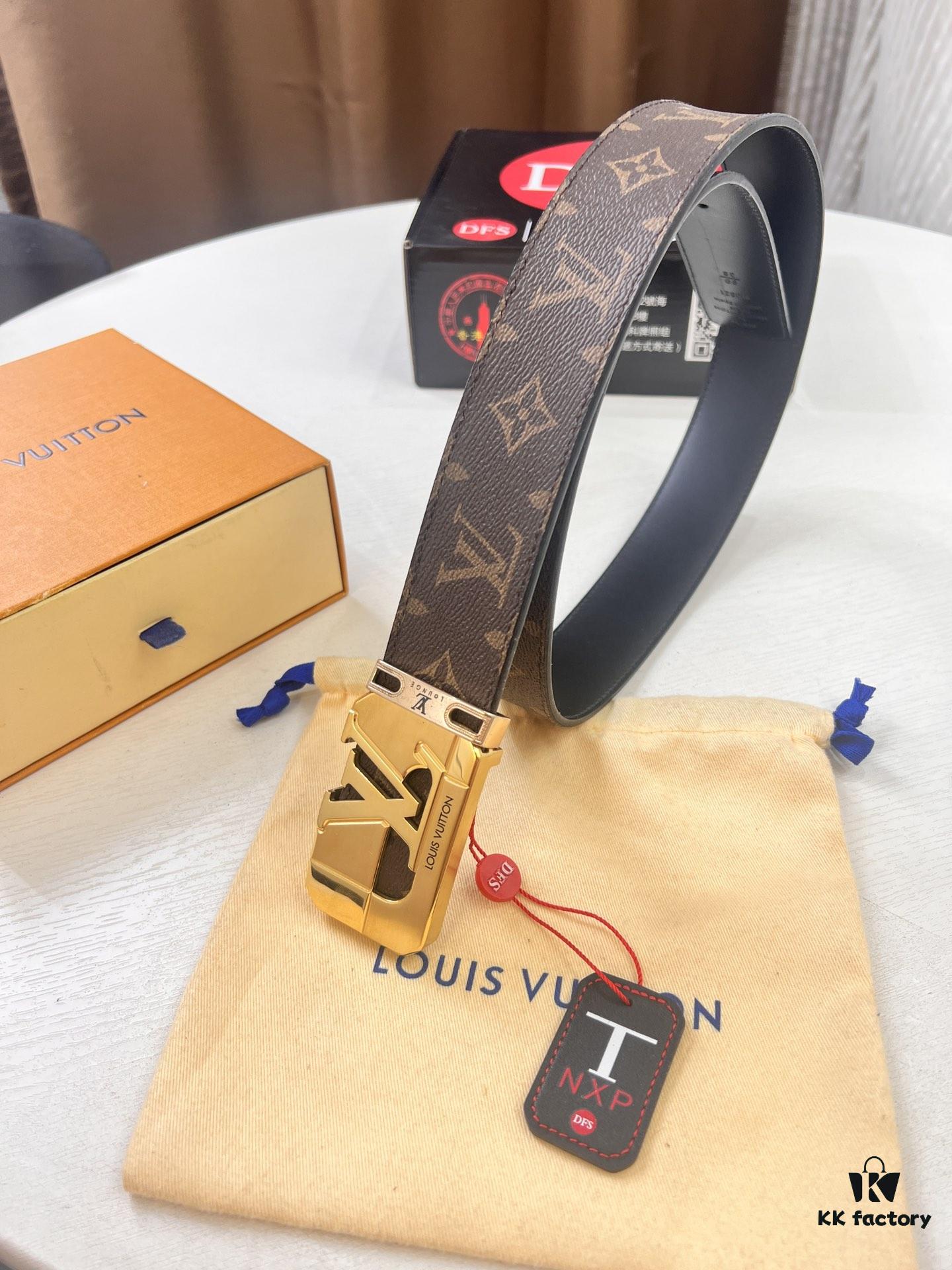 LV Men's Belt, New Style, Checkered Imported Fabric, Genuine Cowhide, Official Website Version, Luxury Custom Leather, 3.8cm Width