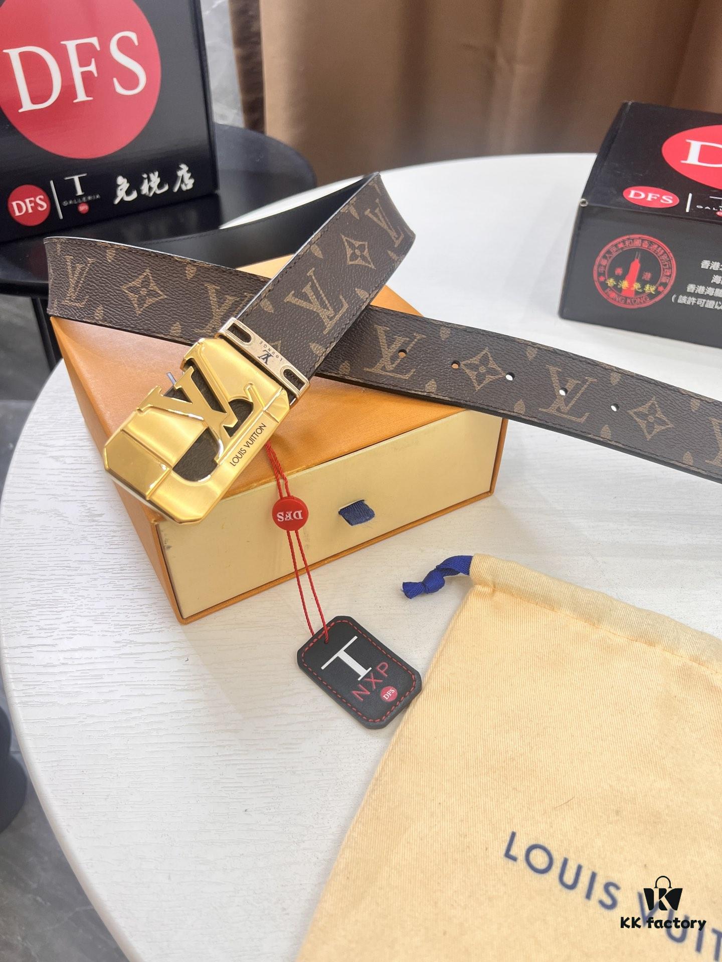 LV Men's Belt, New Style, Checkered Imported Fabric, Genuine Cowhide, Official Website Version, Luxury Custom Leather, 3.8cm Width