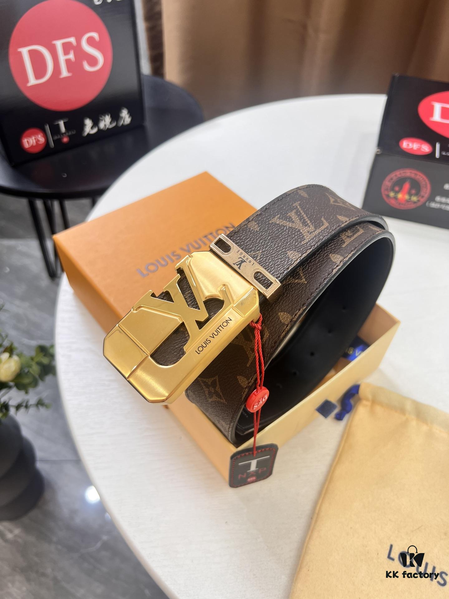 LV Men's Belt, New Style, Checkered Imported Fabric, Genuine Cowhide, Official Website Version, Luxury Custom Leather, 3.8cm Width