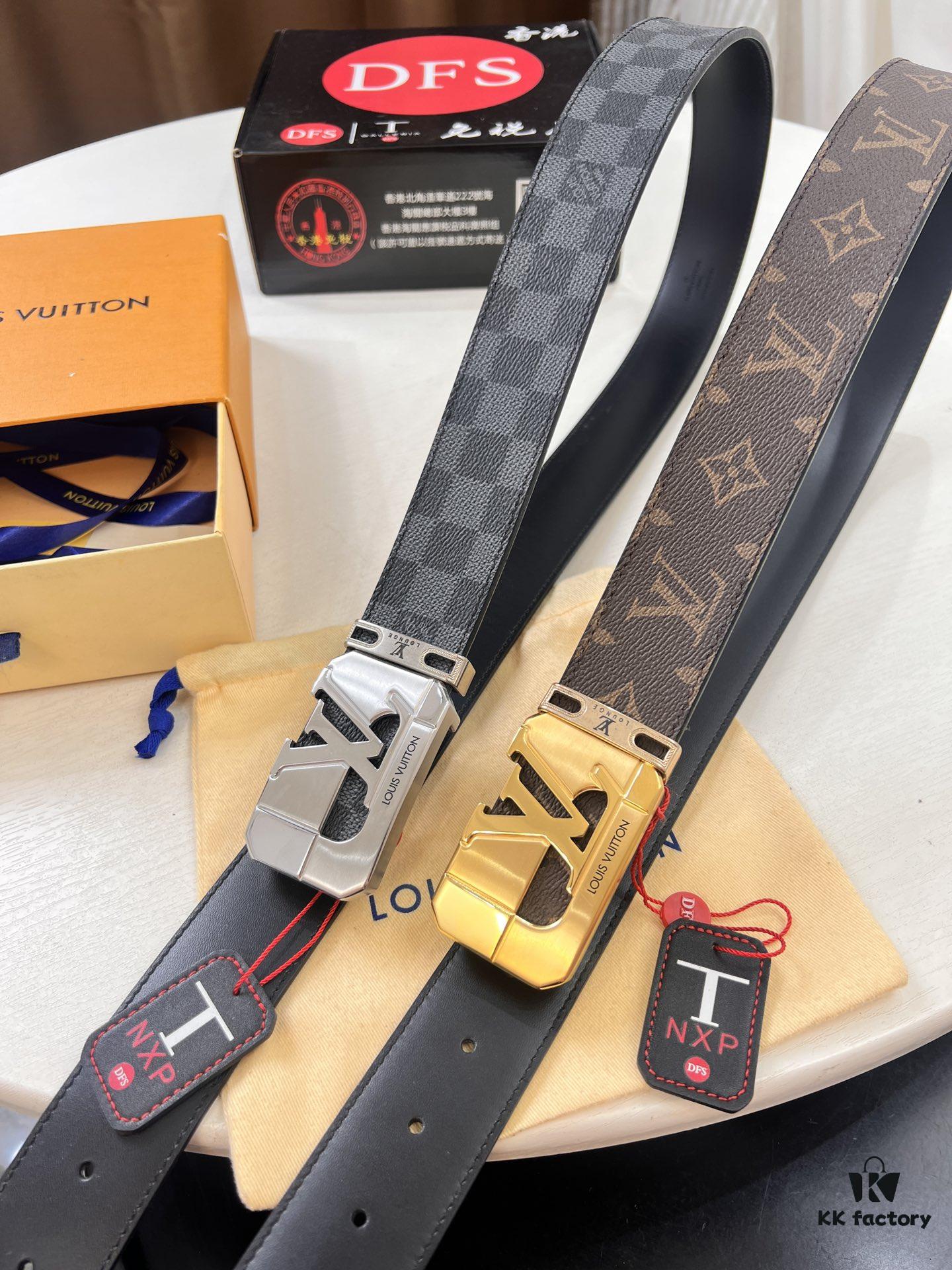 Shop Owner Recommended Louis Vuitton LV Belt, ZP Synchronized New Men's Belt, Checkered Imported Fabric, Full-Grain Cowhide Plain Leather, 3.8cm Width, Official Website Style with Letter Hardware, High-End Custom Leather, Supports Authentication