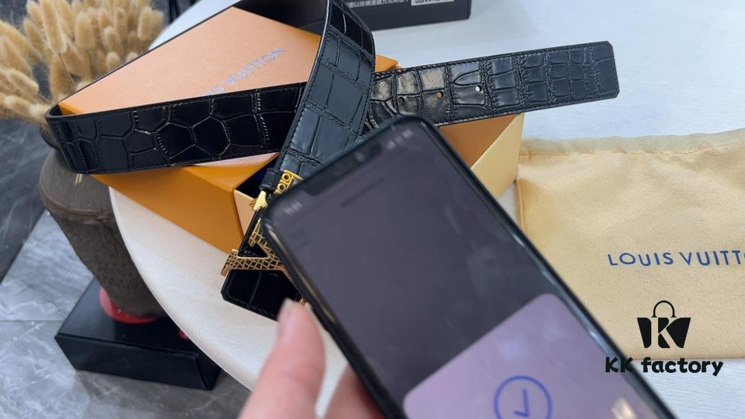 New LV Belt, Small Checkered Crocodile Pattern, Genuine Calfskin Leather