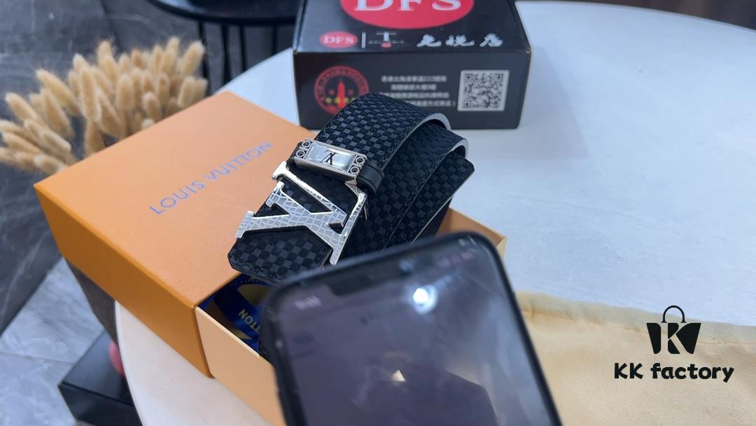 New LV Belt, Small Checkered Crocodile Pattern, Genuine Factory Cowhide