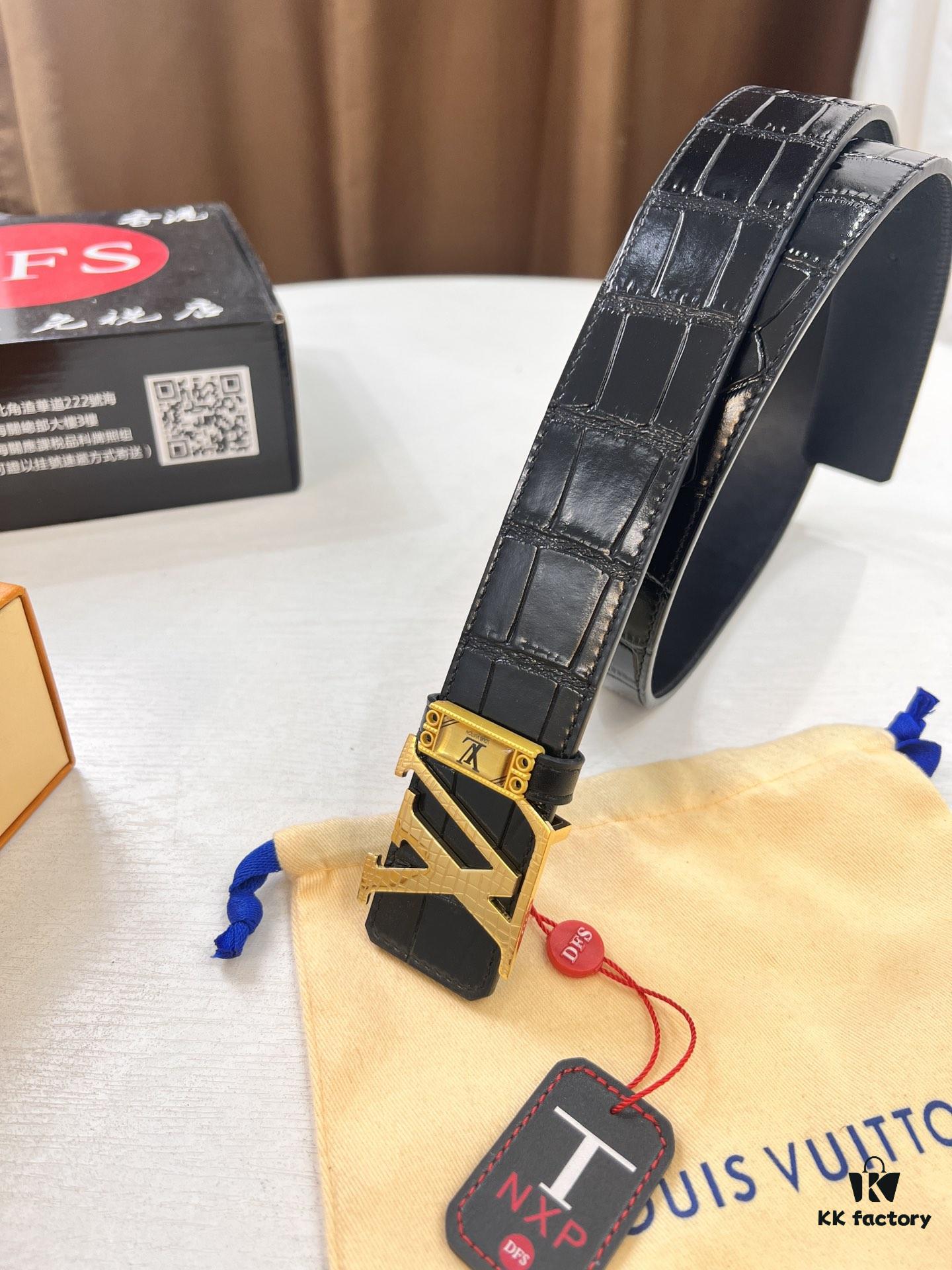 Top-tier Belt, Original Factory High-end Hong Kong Duty-Free T Gift Box (NXP Tag with Recognizable Online Verification, Authentic Anti-Counterfeit Chip), Genuine L-Logo Polished Stainless Steel Hardware, Inside Sliding Buckle, Crocodile Grain Top-Grade Double-Sided Leather from Imported French Suede, 3.8cm Width, Comparable to LV Louis Vuitton Quality