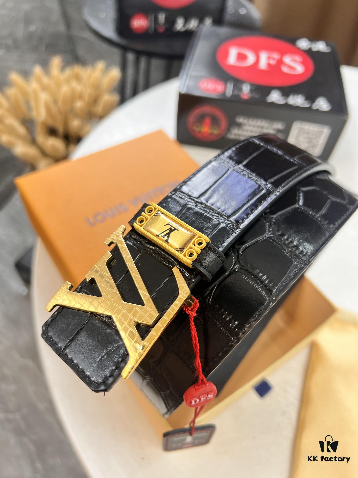 Top-tier Belt, Original Factory High-end Hong Kong Duty-Free T Gift Box (NXP Tag with Recognizable Online Verification, Authentic Anti-Counterfeit Chip), Genuine L-Logo Polished Stainless Steel Hardware, Inside Sliding Buckle, Crocodile Grain Top-Grade Double-Sided Leather from Imported French Suede, 3.8cm Width, Comparable to LV Louis Vuitton Quality