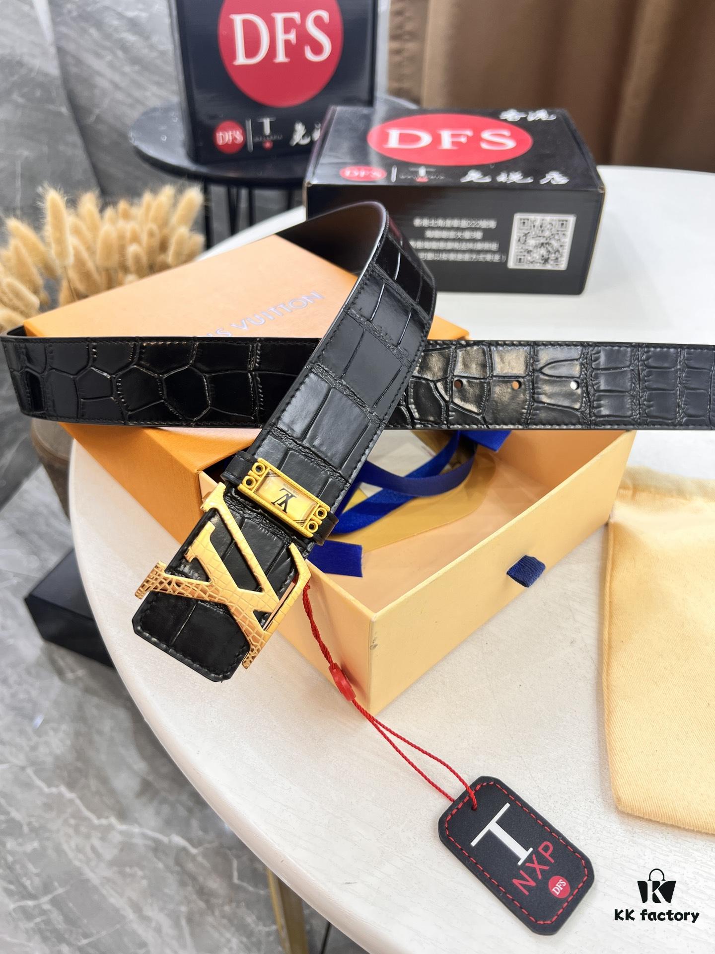 Top-tier Belt, Original Factory High-end Hong Kong Duty-Free T Gift Box (NXP Tag with Recognizable Online Verification, Authentic Anti-Counterfeit Chip), Genuine L-Logo Polished Stainless Steel Hardware, Inside Sliding Buckle, Crocodile Grain Top-Grade Double-Sided Leather from Imported French Suede, 3.8cm Width, Comparable to LV Louis Vuitton Quality