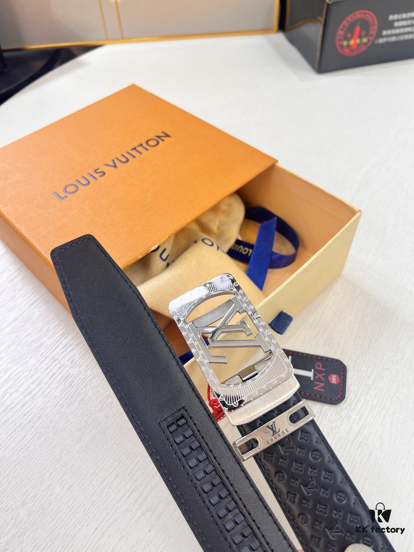 Louis Vuitton Automatic Buckle Belt, Full-Grain Imported Calfskin with Small Grain Cowhide, 3.5cm Width, Top-Quality Business Formal Belt