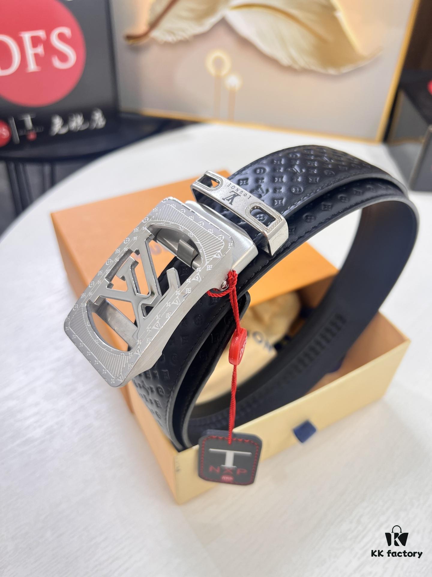 Louis Vuitton Automatic Buckle Belt, Full-Grain Imported Calfskin with Small Grain Cowhide, 3.5cm Width, Top-Quality Business Formal Belt