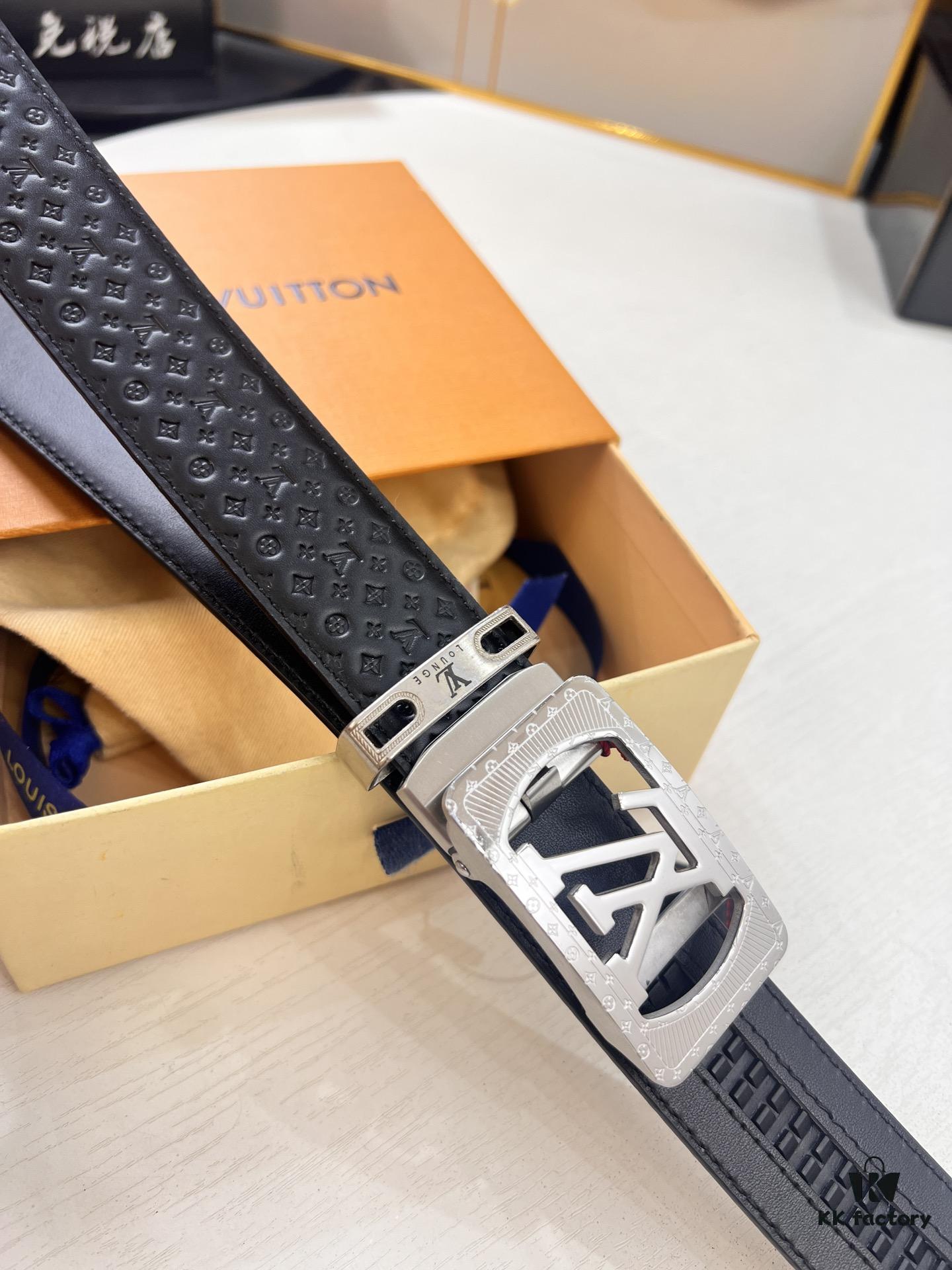 Louis Vuitton Automatic Buckle Belt, Full-Grain Imported Calfskin with Small Grain Cowhide, 3.5cm Width, Top-Quality Business Formal Belt