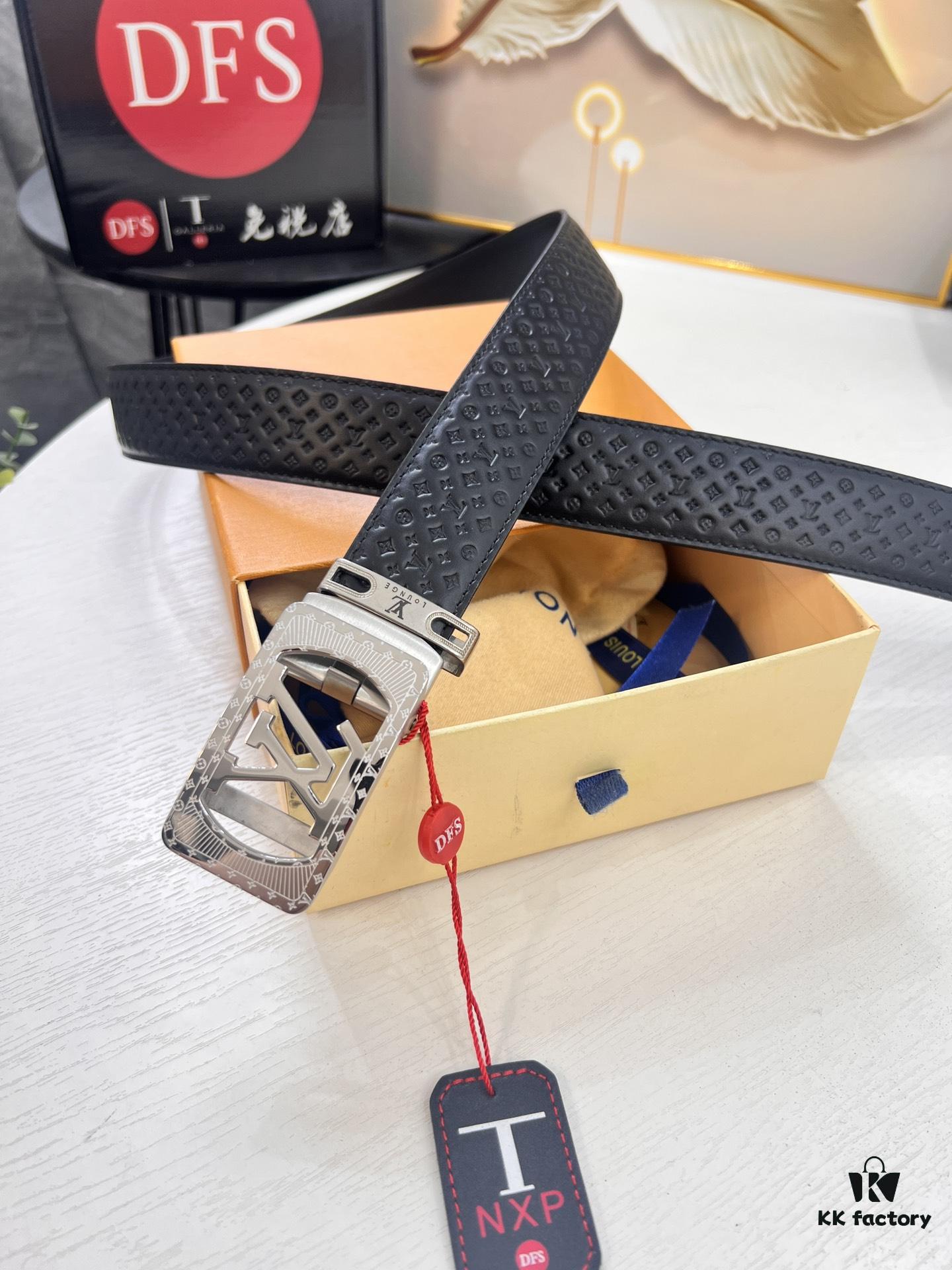 Louis Vuitton Automatic Buckle Belt, Full-Grain Imported Calfskin with Small Grain Cowhide, 3.5cm Width, Top-Quality Business Formal Belt