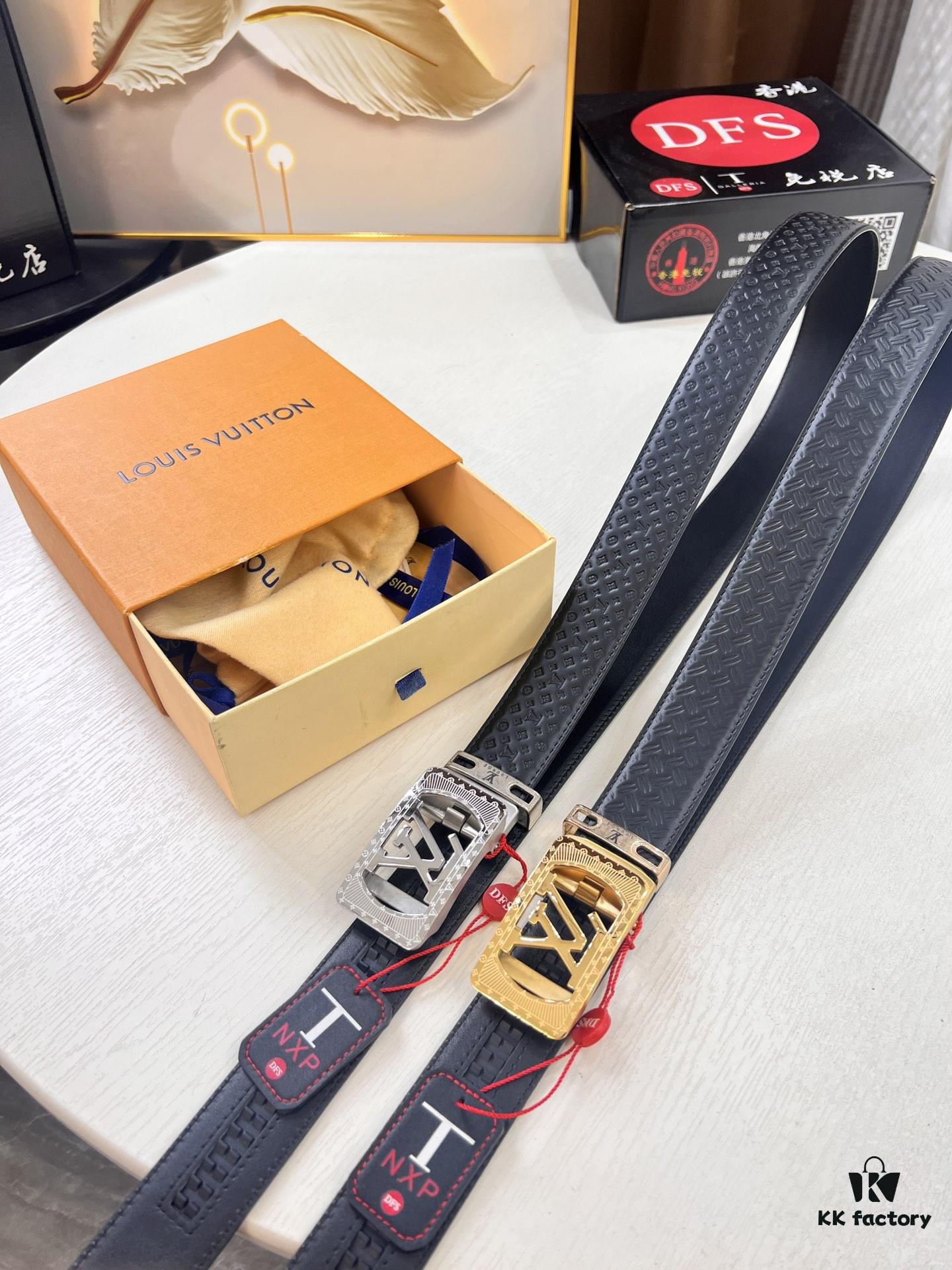 Louis Vuitton Automatic Buckle Belt, Full-Grain Imported Calfskin with Small Grain Cowhide, 3.5cm Width, Top-Quality Business Formal Belt
