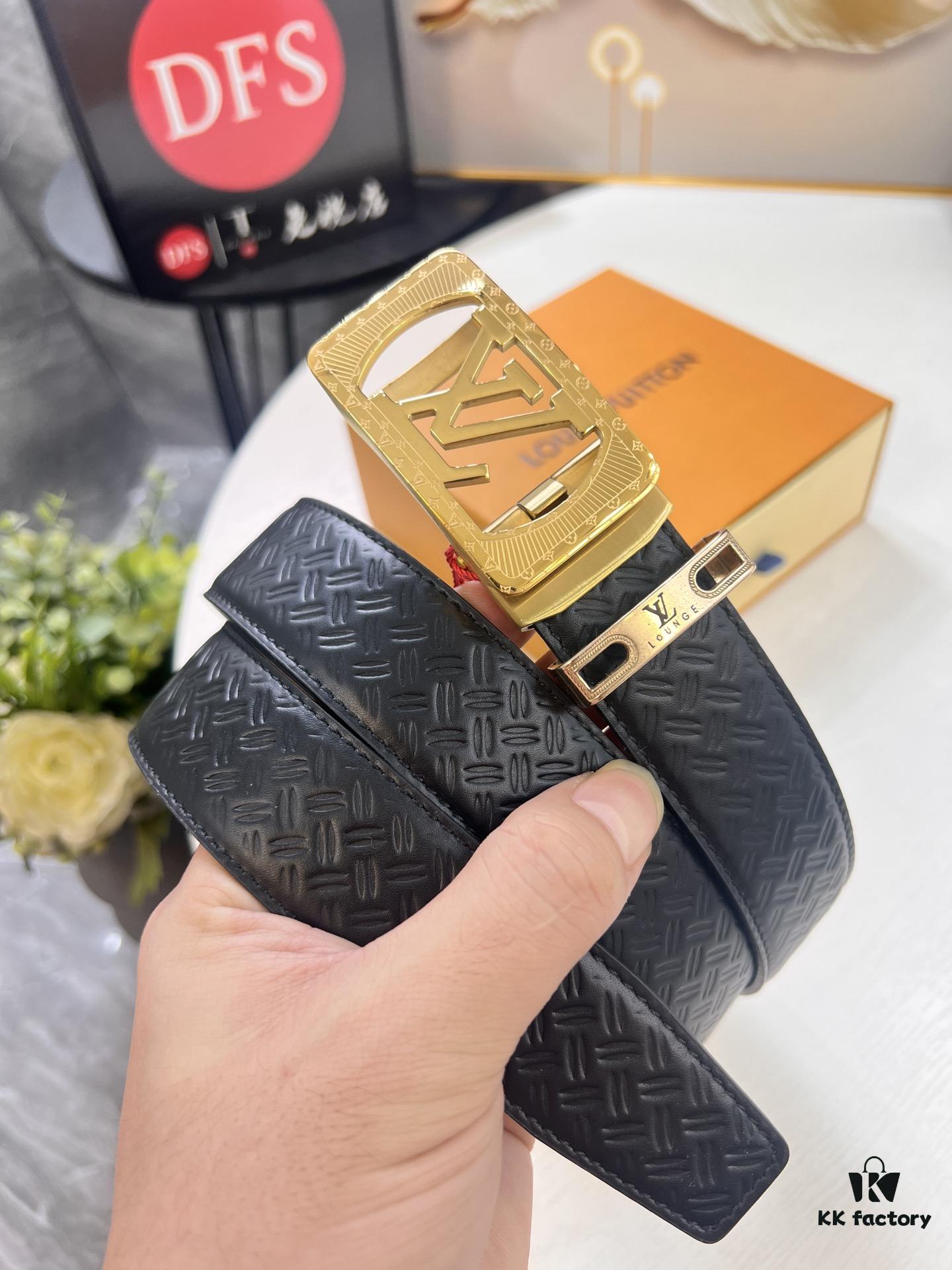 Louis Vuitton Automatic Buckle Belt, Premium Cowhide with Embossed Logo, 3.5cm Width, Top Quality