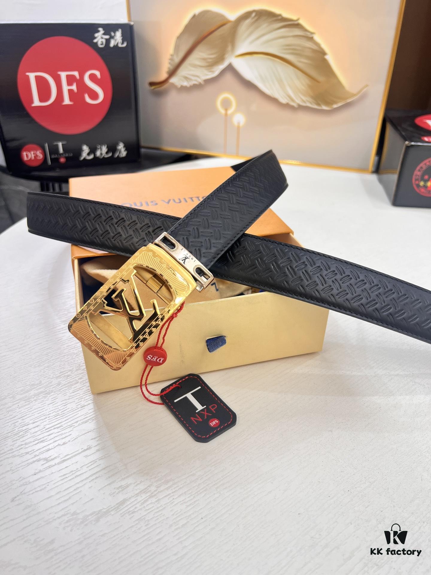 Louis Vuitton Automatic Buckle Belt, Premium Cowhide with Embossed Logo, 3.5cm Width, Top Quality