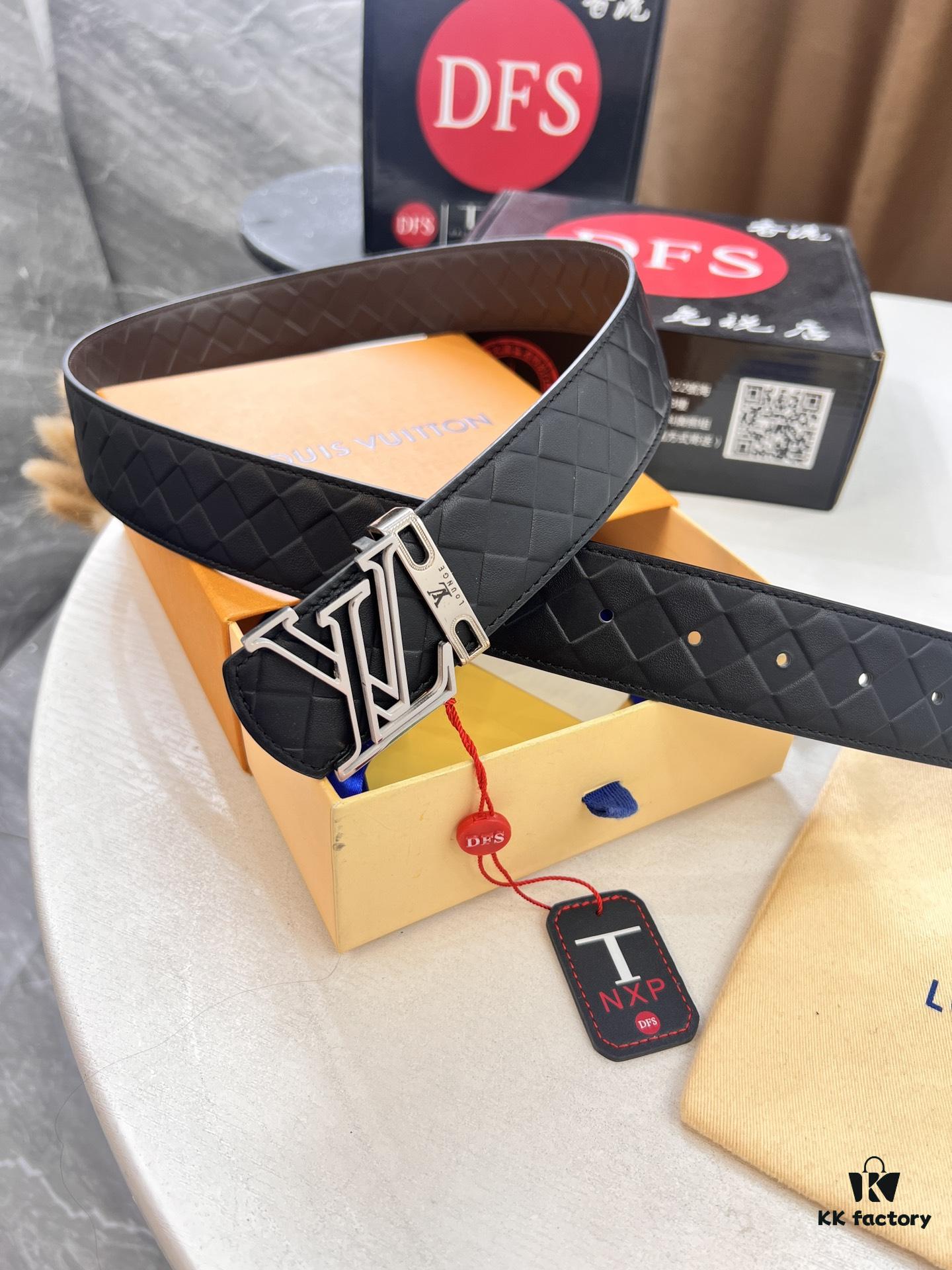 LV Men's Belt - Original Imported Woven Top-Layer Leather, Slim Design with Steel Hardware, Reversible Style, 3.8cm Width