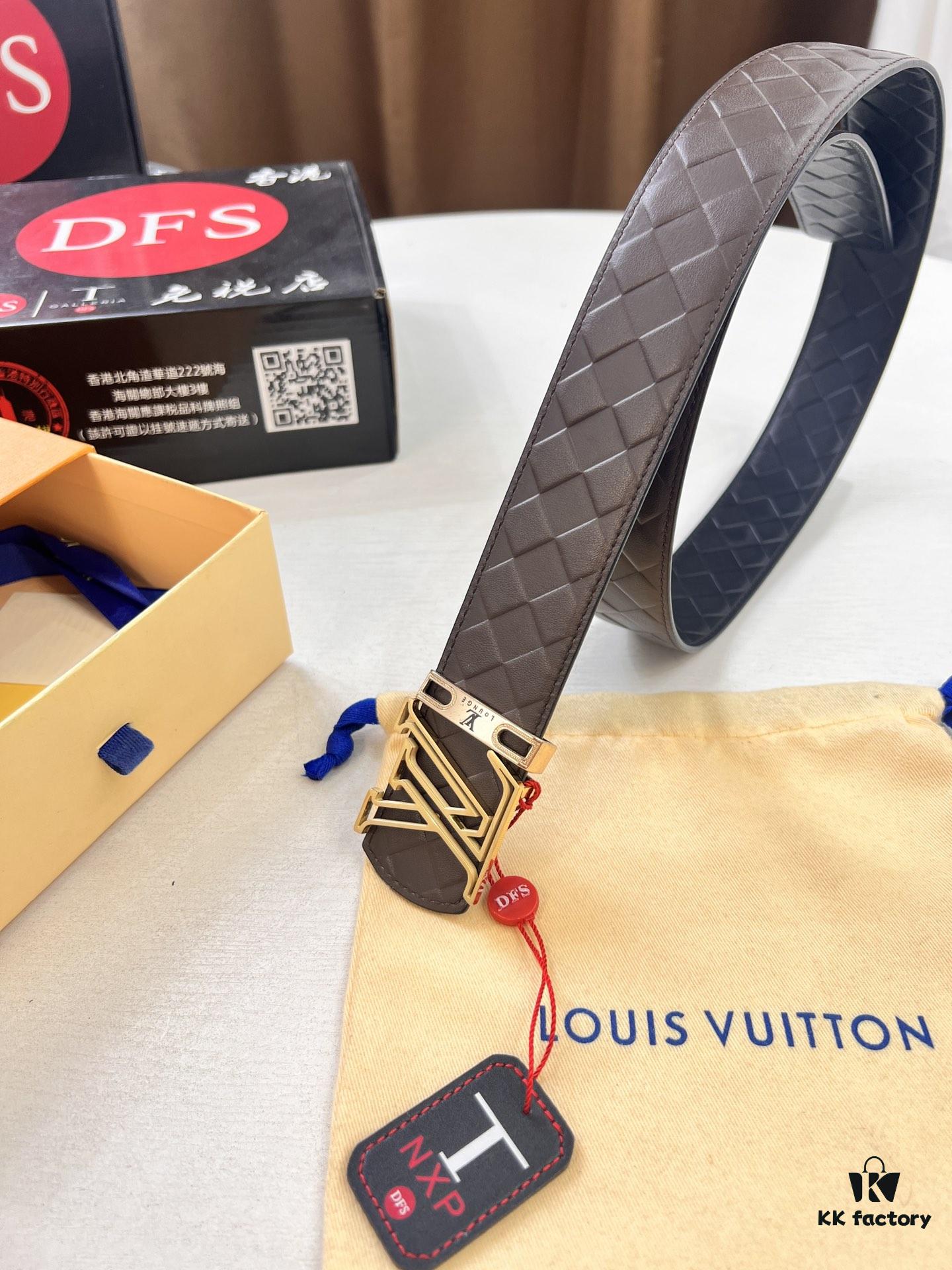 LV Men's Belt - Original Imported Woven Top-Layer Leather, New Style with Steel Hardware, Reversible Design