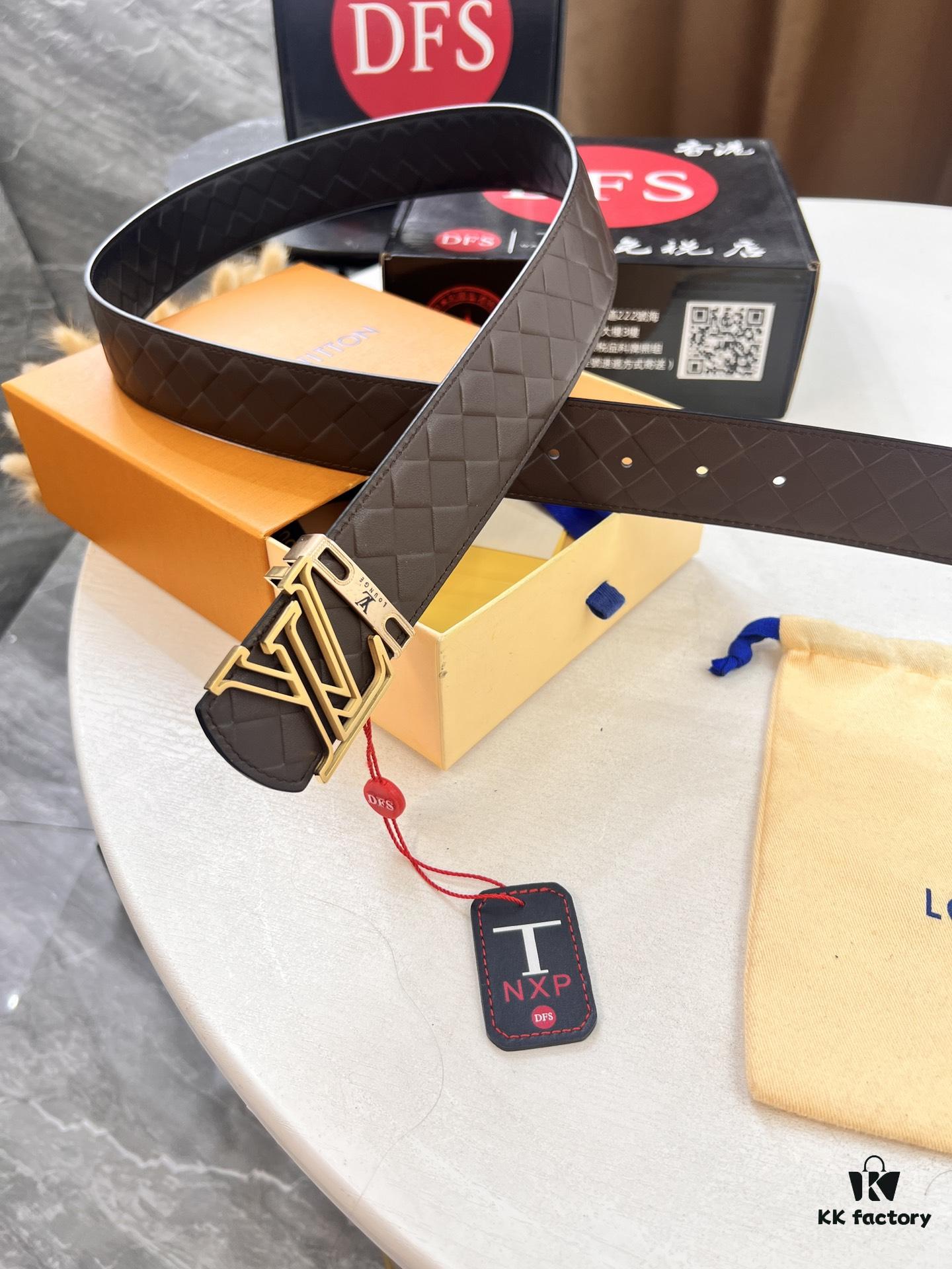 LV Men's Belt - Original Imported Woven Top-Layer Leather, New Style with Steel Hardware, Reversible Design