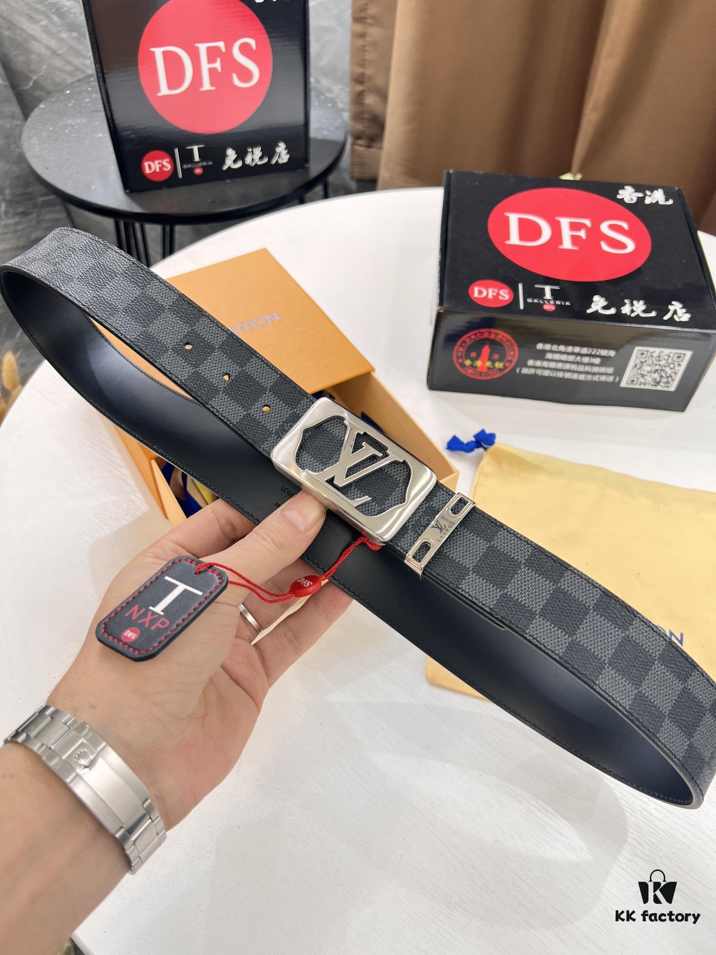 LV Men's Belt, New Style, Checkered Imported Fabric, Genuine Cowhide, Brass Hardware, 3.8cm Width