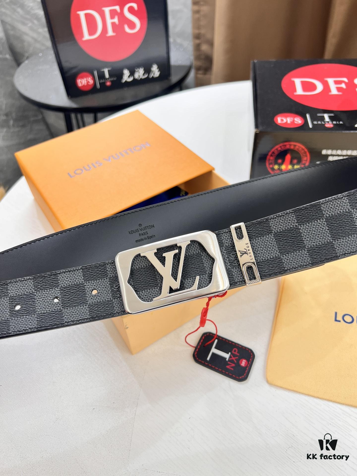 LV Men's Belt, New Style, Checkered Imported Fabric, Genuine Cowhide, Brass Hardware, 3.8cm Width