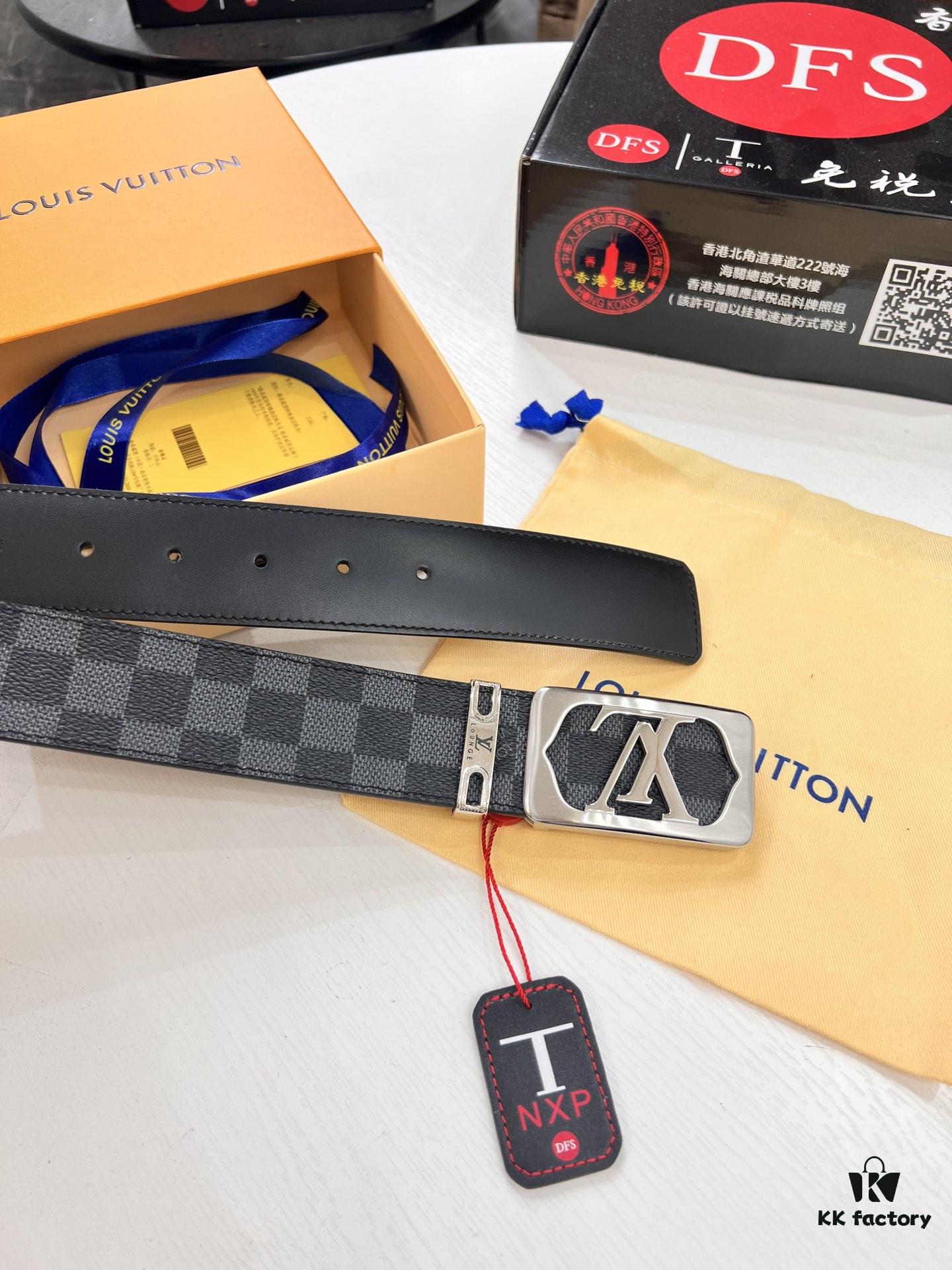 LV Men's Belt, New Style, Checkered Imported Fabric, Genuine Cowhide, Brass Hardware, 3.8cm Width