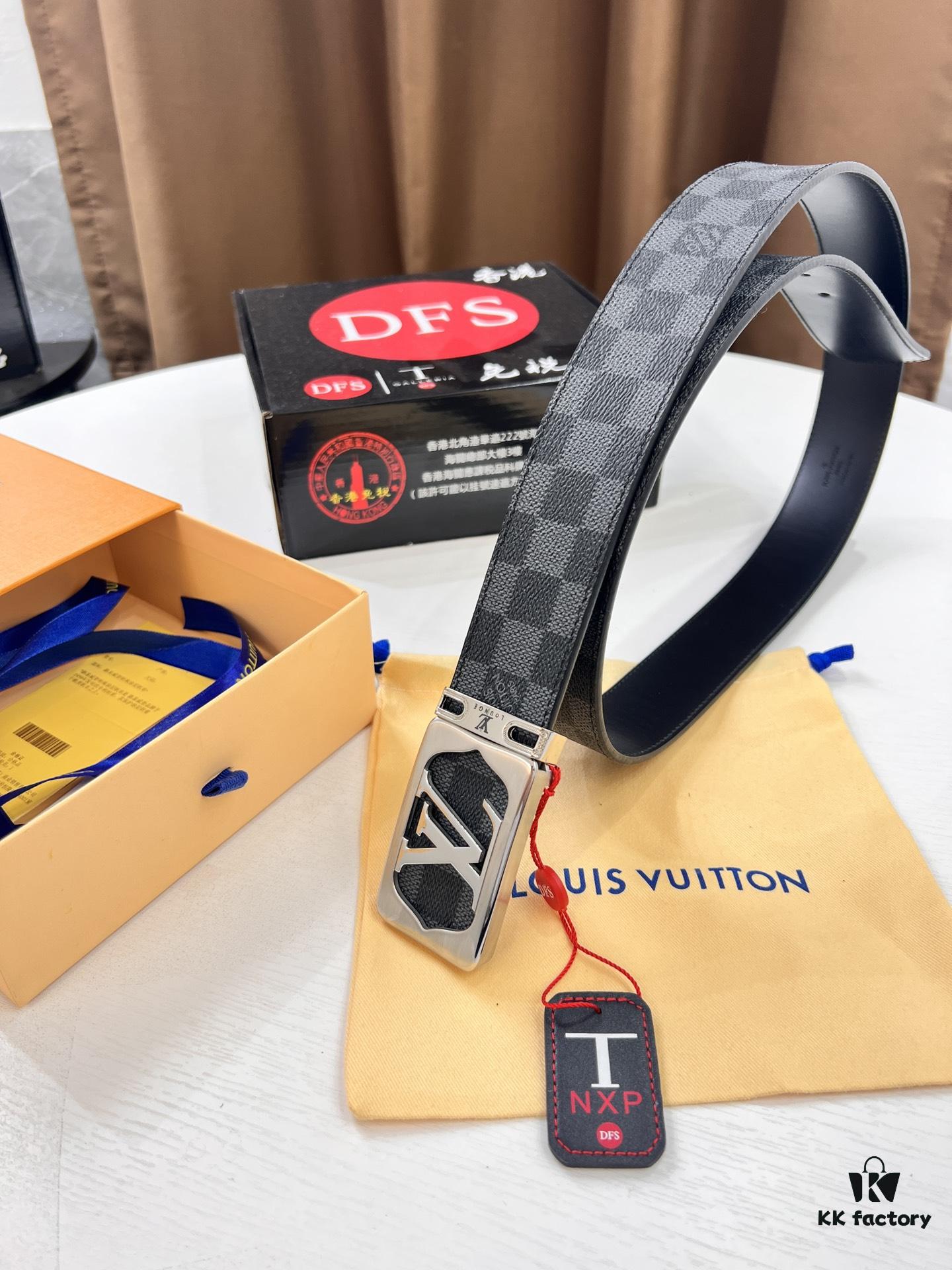 LV Men's Belt, New Style, Checkered Imported Fabric, Genuine Cowhide, Brass Hardware, 3.8cm Width