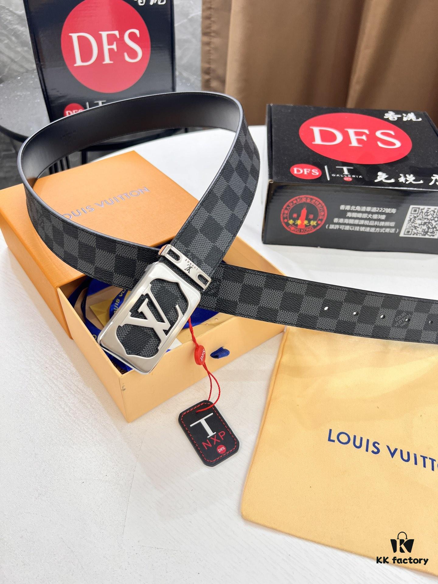 LV Men's Belt, New Style, Checkered Imported Fabric, Genuine Cowhide, Brass Hardware, 3.8cm Width