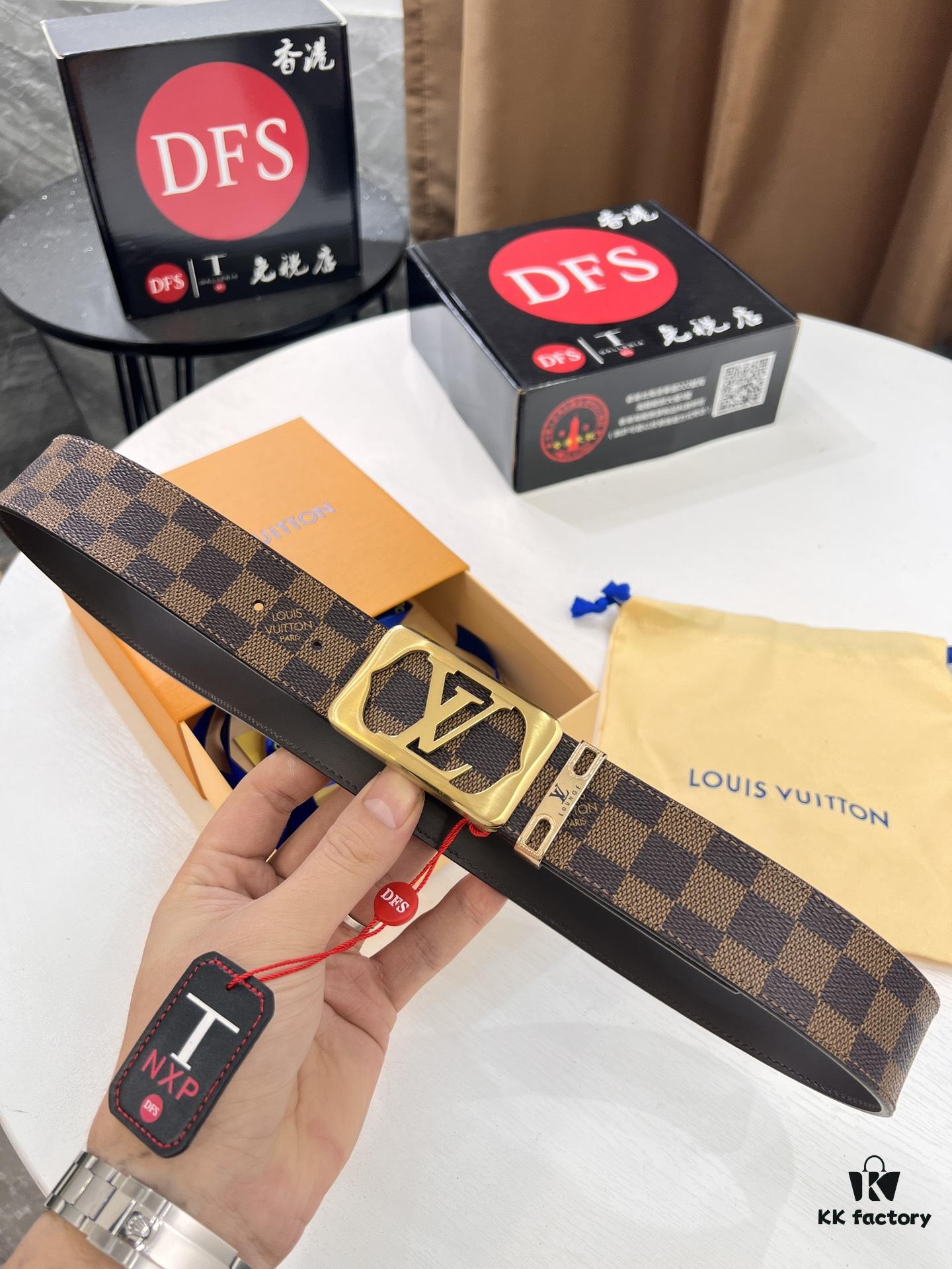 LV Men's Belt, New Style, Checkered Imported Fabric, Genuine Cowhide, Letter Hardware, 3.8cm Width