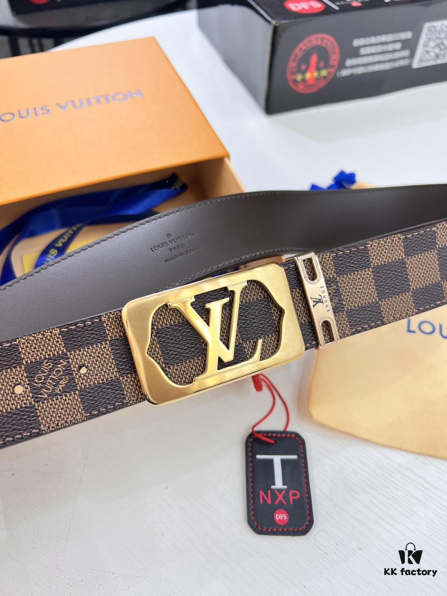 LV Men's Belt, New Style, Checkered Imported Fabric, Genuine Cowhide, Letter Hardware, 3.8cm Width