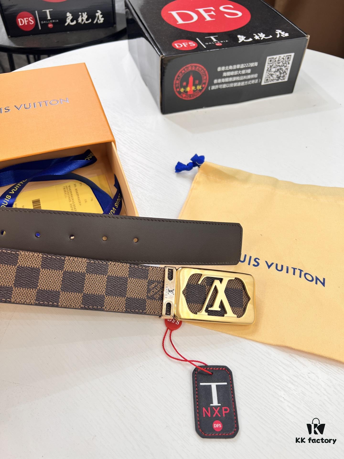LV Men's Belt, New Style, Checkered Imported Fabric, Genuine Cowhide, Letter Hardware, 3.8cm Width