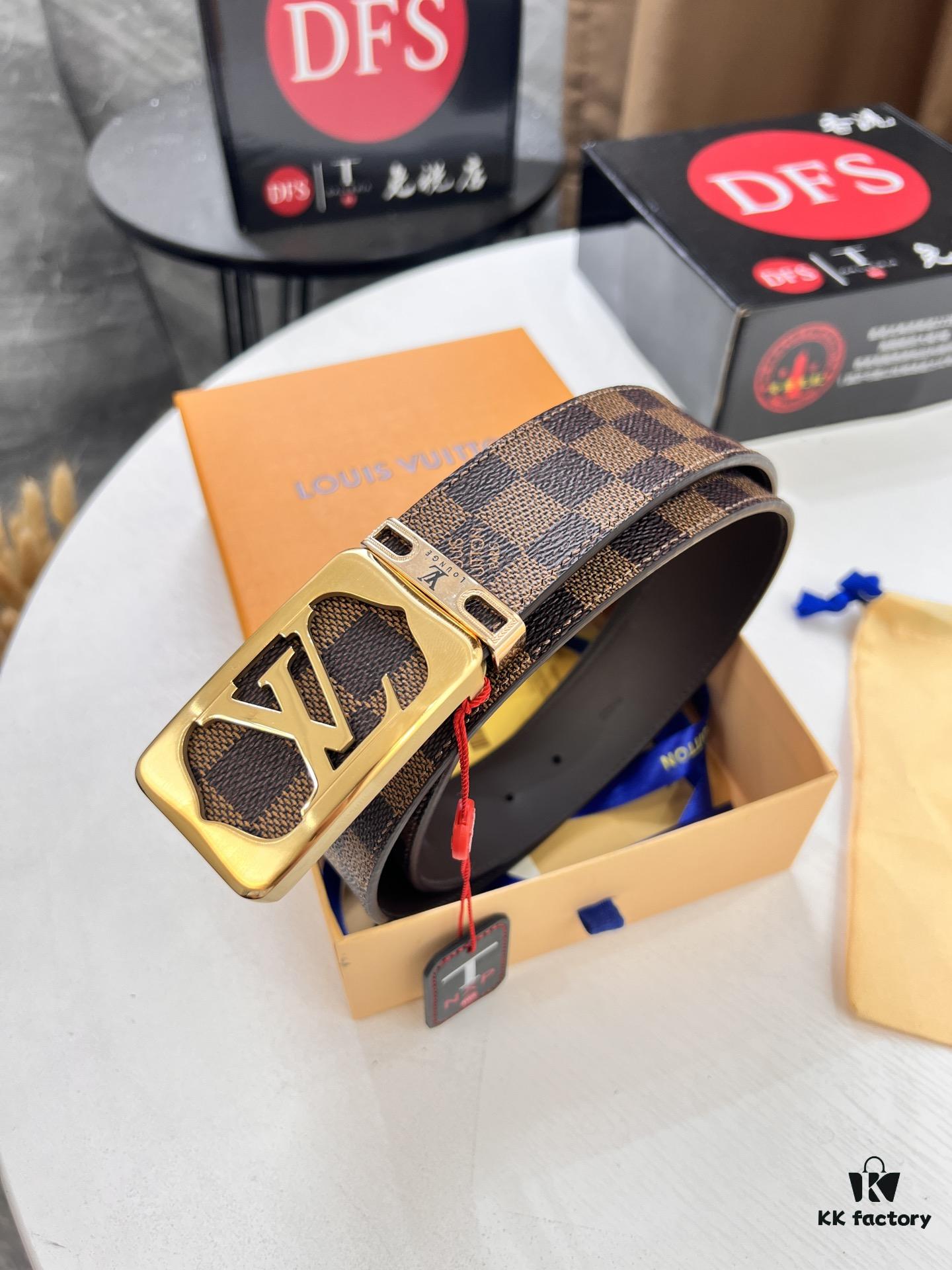 LV Men's Belt, New Style, Checkered Imported Fabric, Genuine Cowhide, Letter Hardware, 3.8cm Width