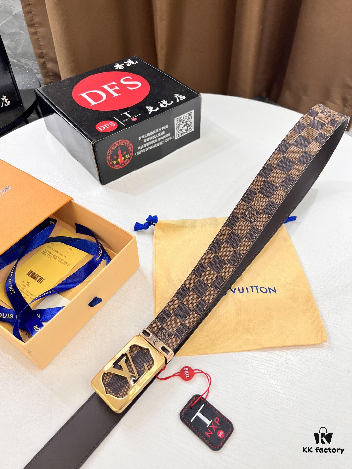 LV Men's Belt, New Style, Checkered Imported Fabric, Genuine Cowhide, Letter Hardware, 3.8cm Width