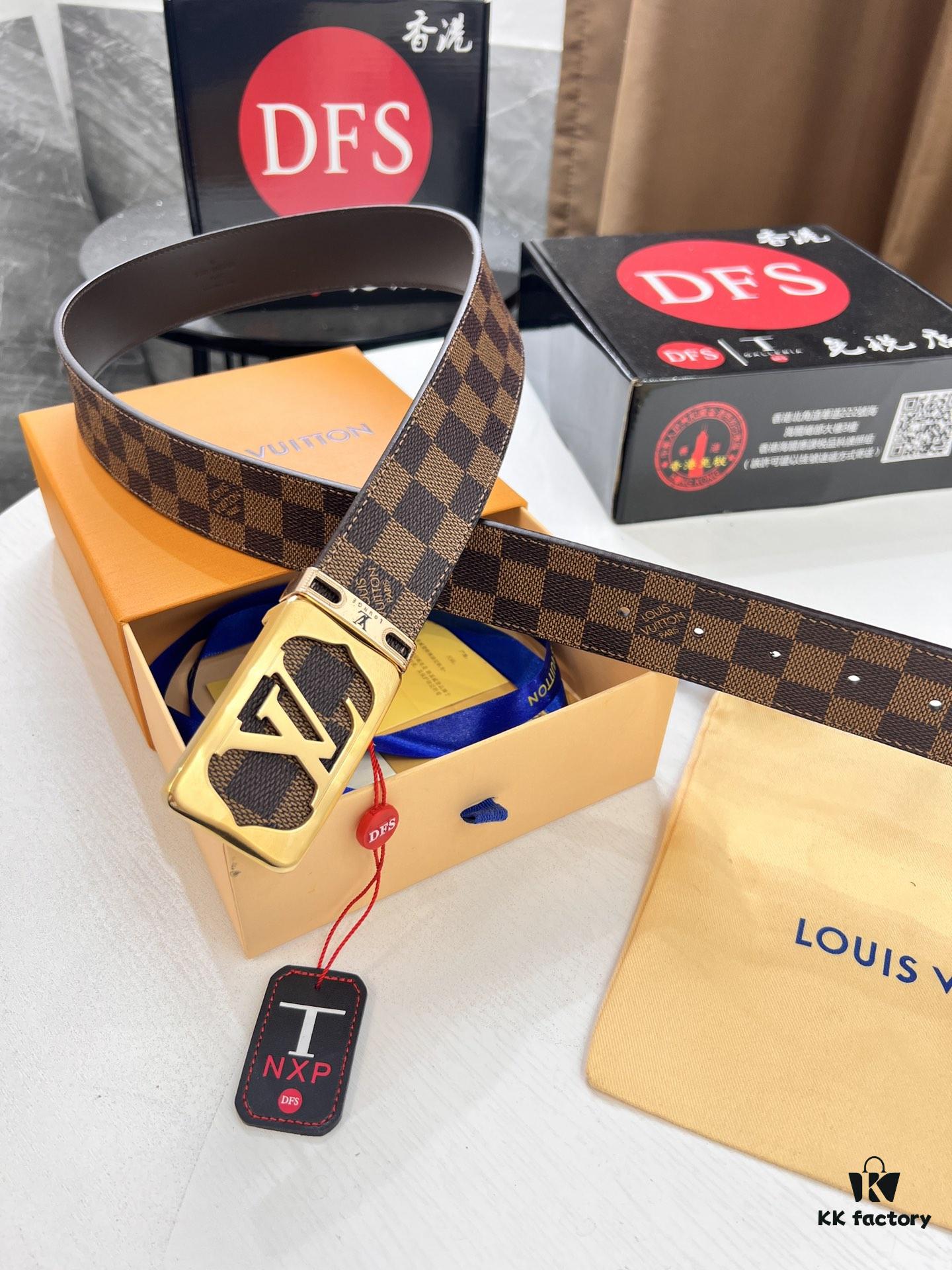 LV Men's Belt, New Style, Checkered Imported Fabric, Genuine Cowhide, Letter Hardware, 3.8cm Width