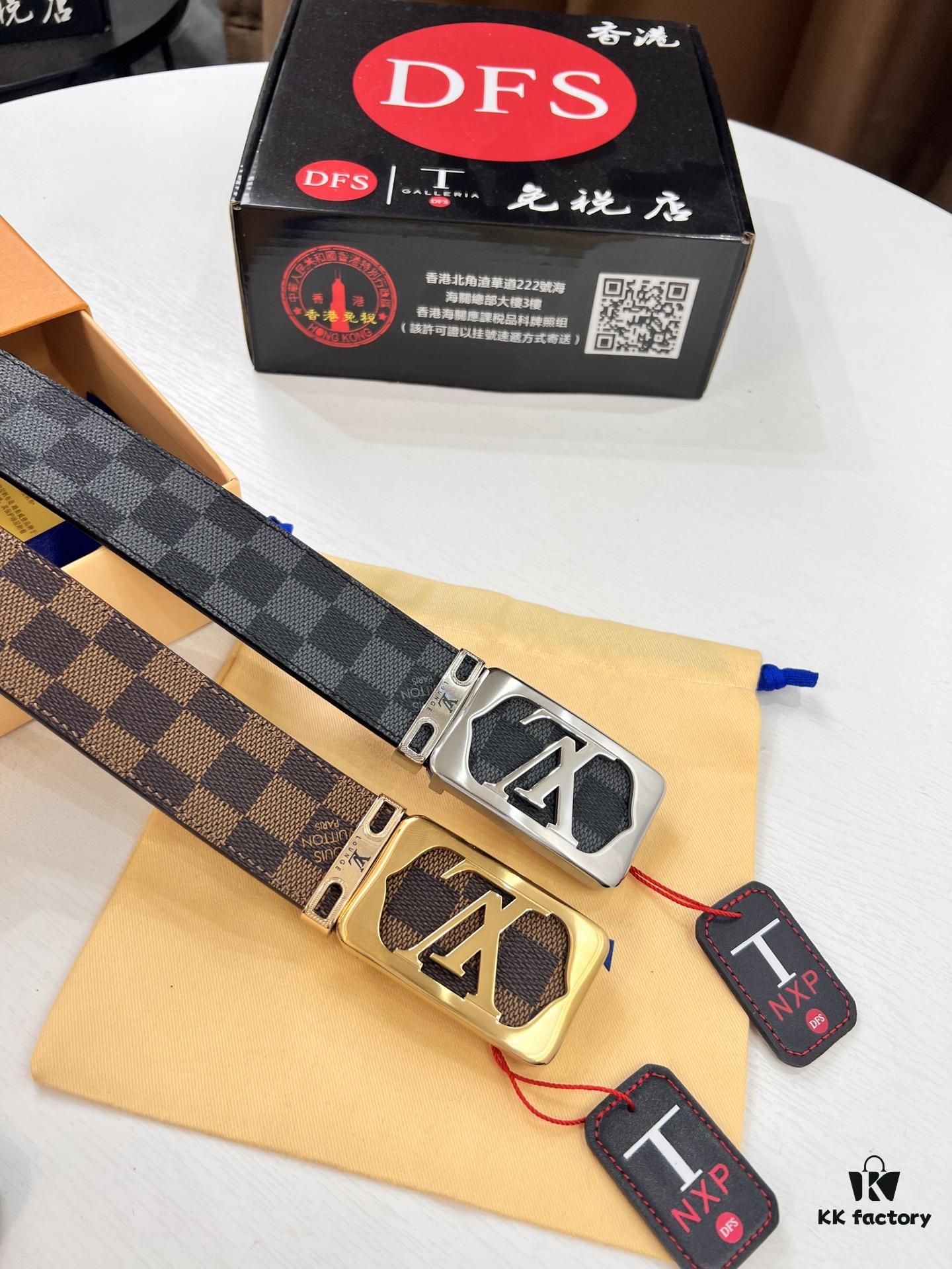 LV Men's Belt, New Style, Checkered Imported Fabric, Genuine Cowhide, Letter Hardware, 3.8cm Width