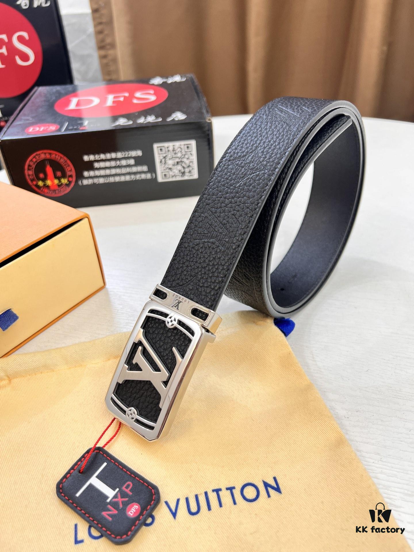 Top-Tier Leather Belt, Hong Kong Tax-Free T Gift Box 🎁 (NXP RFID Tag with Official Website Verification, Authentic Anti-Counterfeit Chip) – LV Corrosion-Patterned Stainless Steel Hardware, Italian Imported Crust Calfskin with Lychee Texture, 3.8cm Width, Men's Formal Premium Belt, Authorized Custom Edition, Quality Guaranteed for Counter Authentication