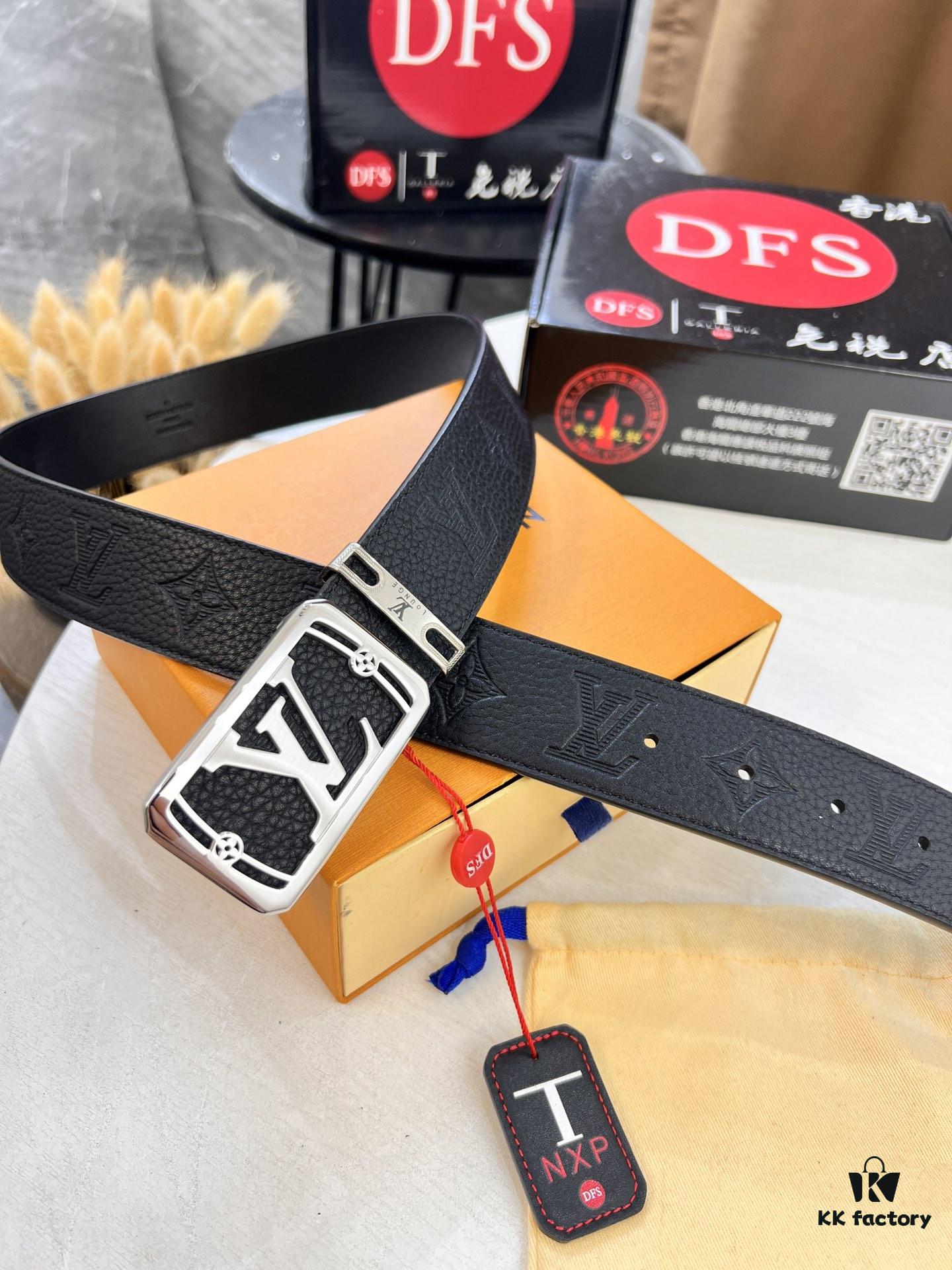 Top-Tier Leather Belt, Hong Kong Tax-Free T Gift Box 🎁 (NXP RFID Tag with Official Website Verification, Authentic Anti-Counterfeit Chip) – LV Corrosion-Patterned Stainless Steel Hardware, Italian Imported Crust Calfskin with Lychee Texture, 3.8cm Width, Men's Formal Premium Belt, Authorized Custom Edition, Quality Guaranteed for Counter Authentication