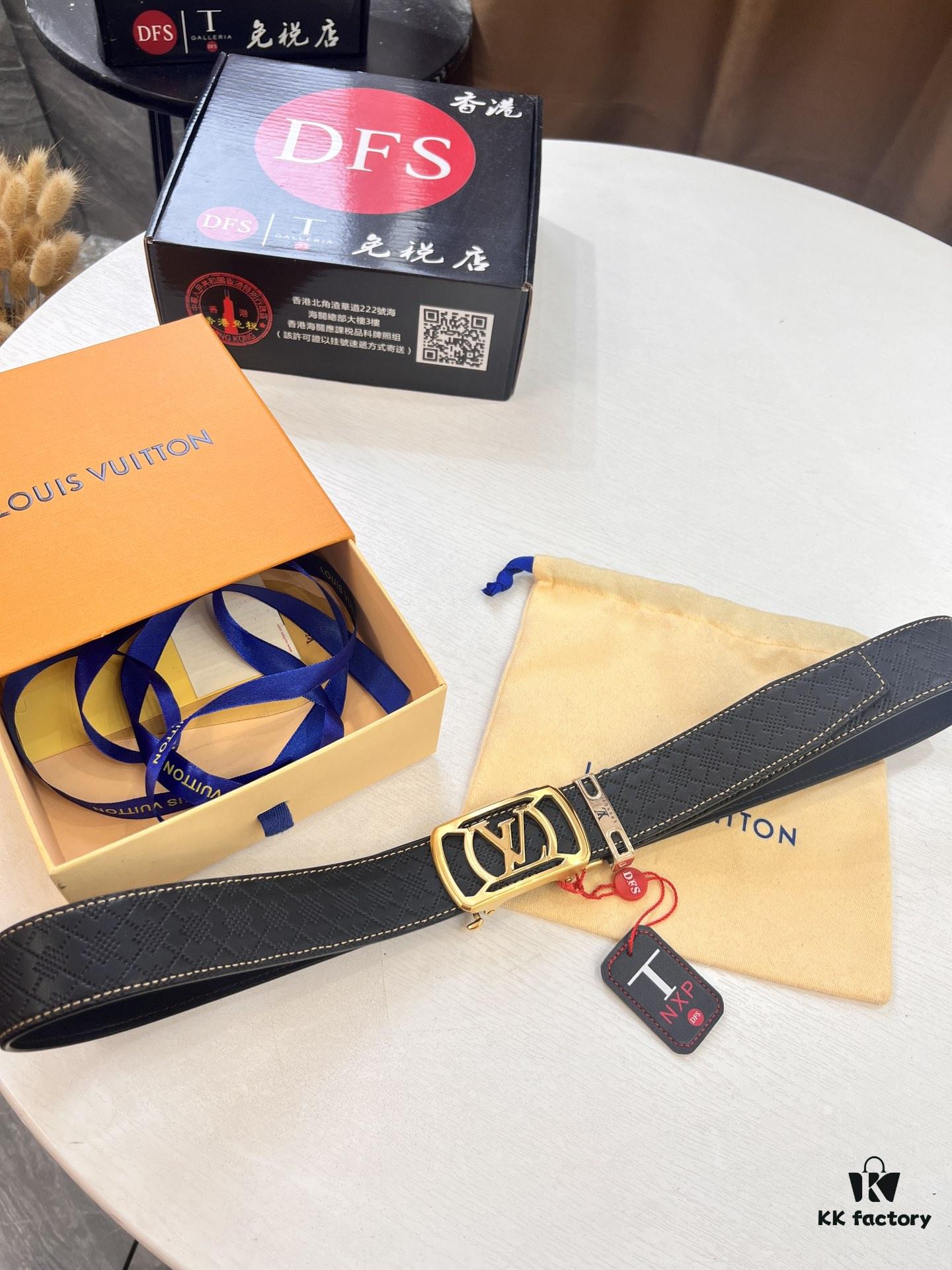 Louis Vuitton Automatic Buckle Belt, Top-Quality Genuine Cowhide with Grid Embossing, 3.5cm Width, Luxury Craftsmanship for Formal Business Wear