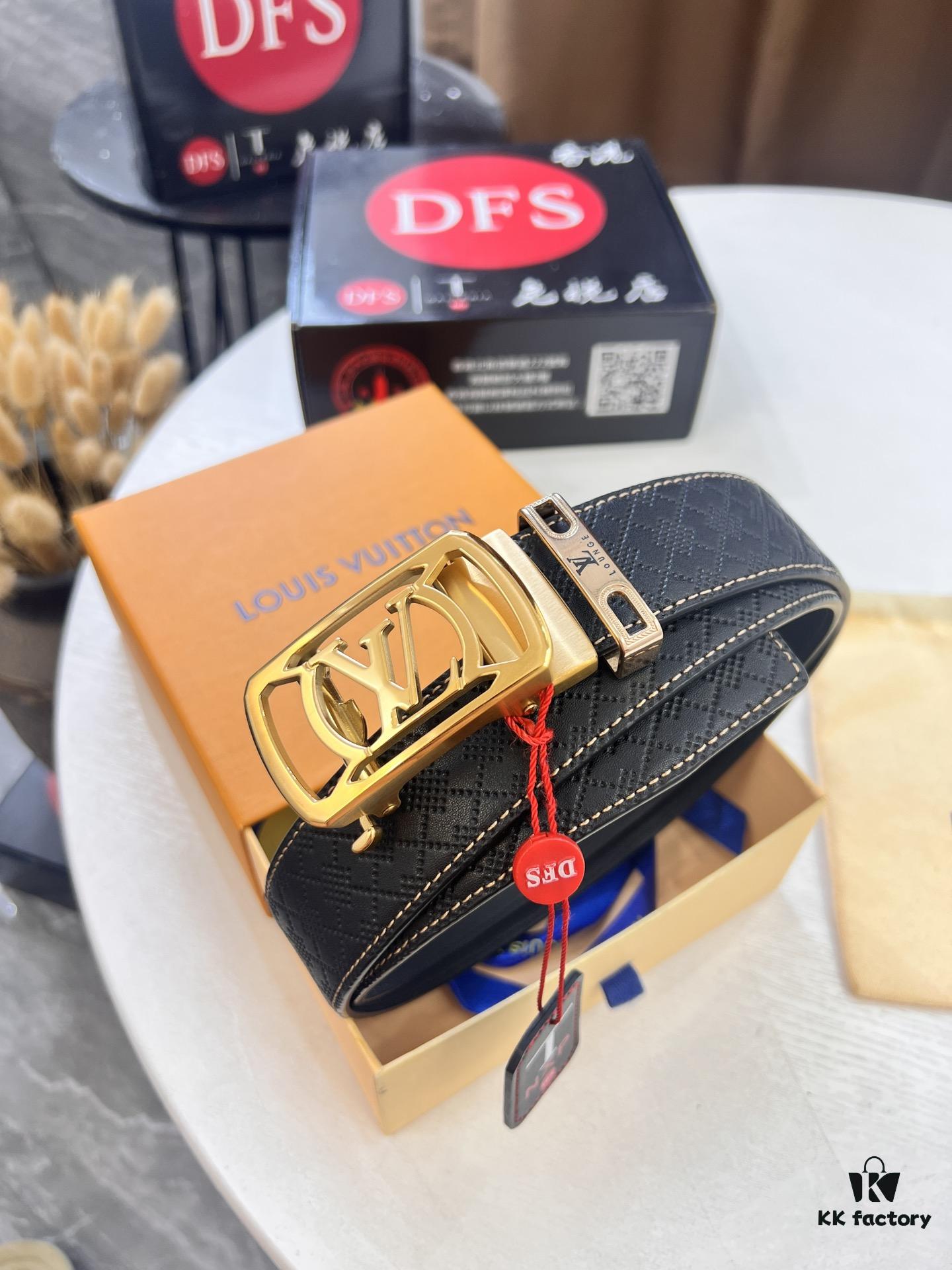 Louis Vuitton Automatic Buckle Belt, Top-Quality Genuine Cowhide with Grid Embossing, 3.5cm Width, Luxury Craftsmanship for Formal Business Wear