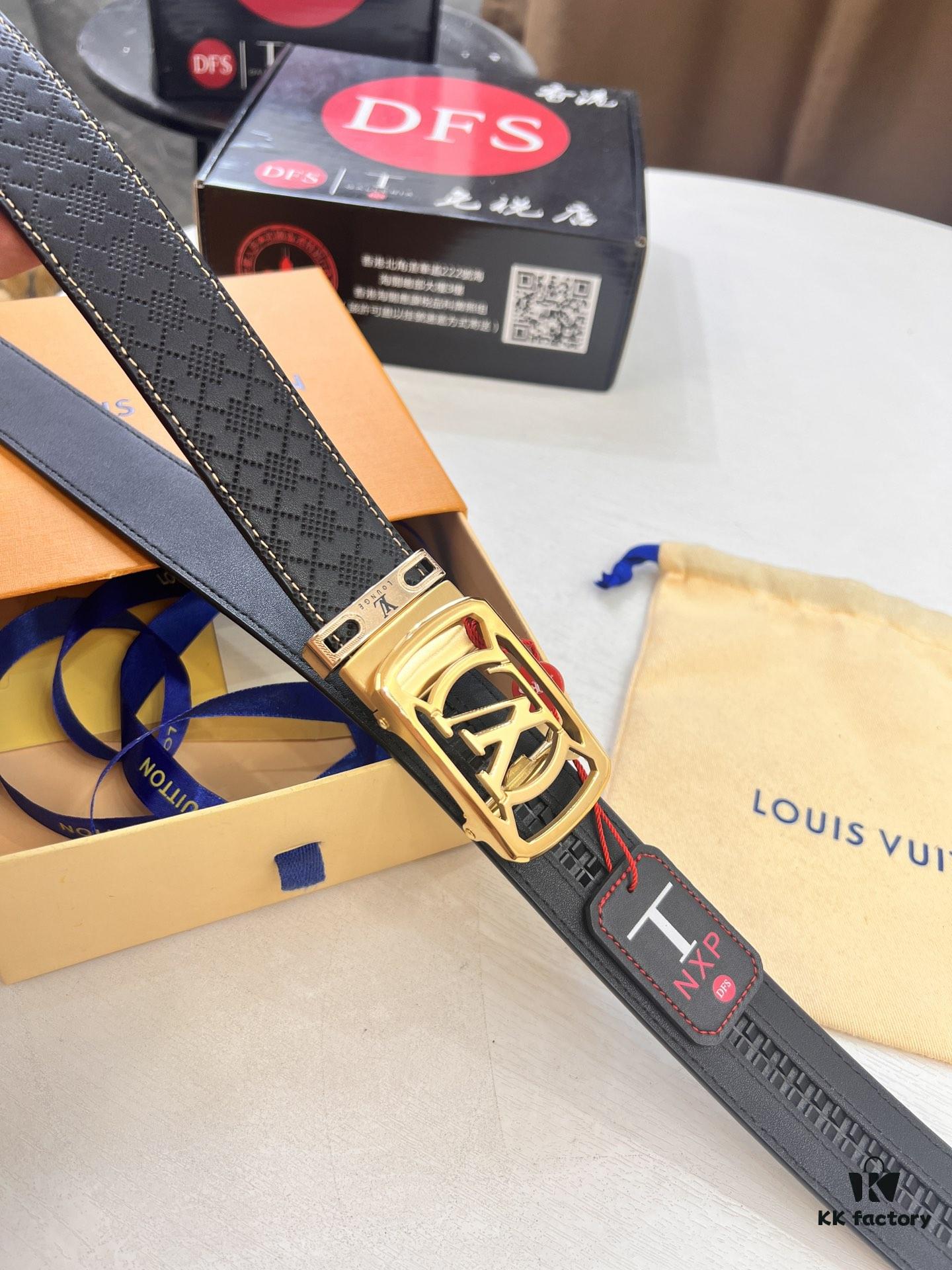 Louis Vuitton Automatic Buckle Belt, Top-Quality Genuine Cowhide with Grid Embossing, 3.5cm Width, Luxury Craftsmanship for Formal Business Wear
