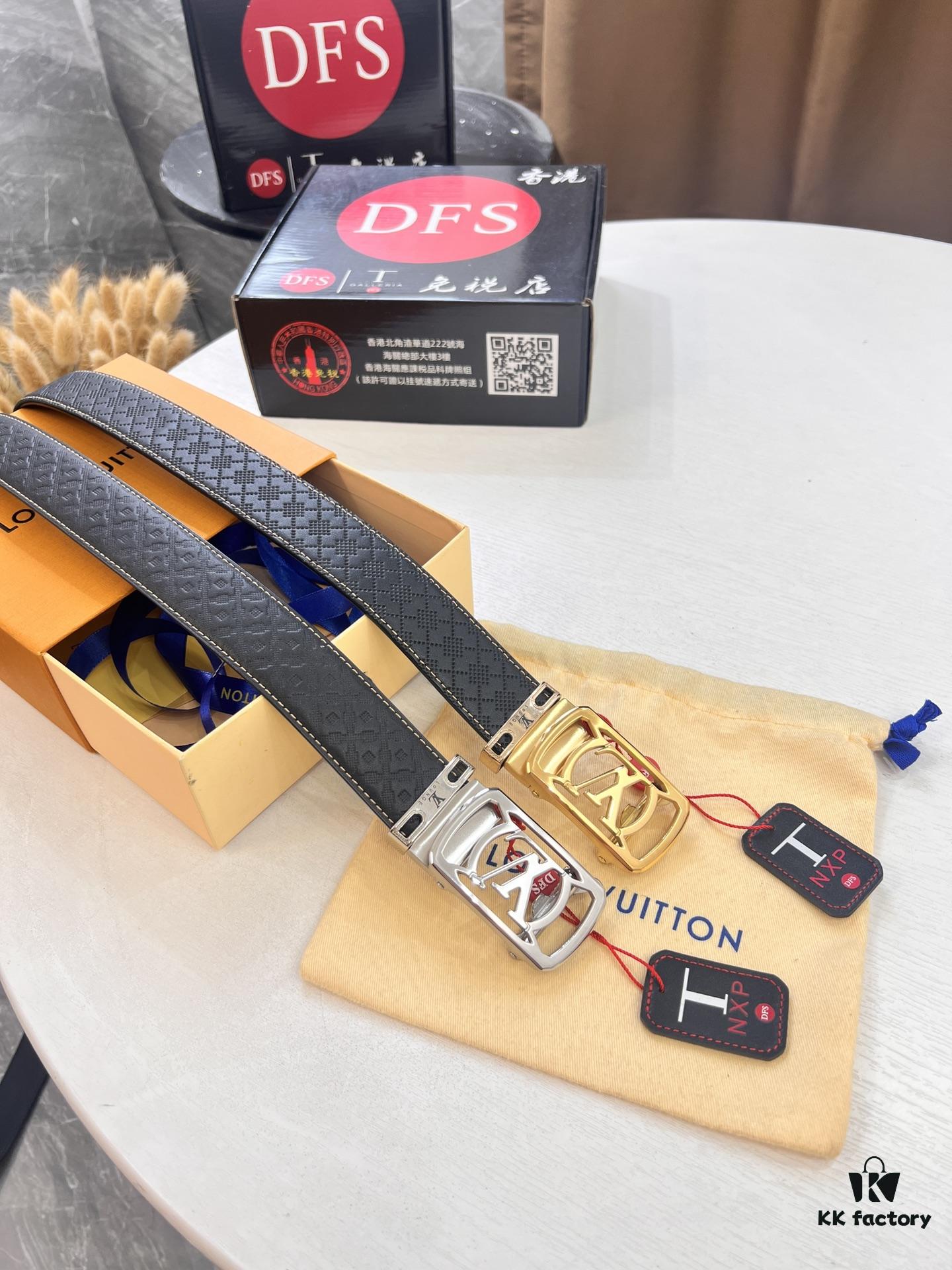 Louis Vuitton Automatic Buckle Belt, Top-Quality Genuine Cowhide with Grid Embossing, 3.5cm Width, Luxury Craftsmanship for Formal Business Wear