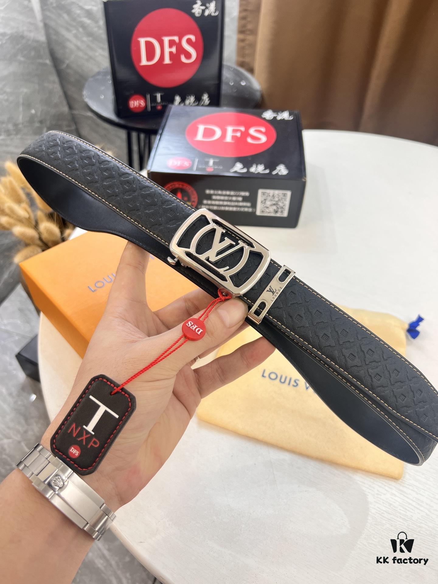 Louis Vuitton Automatic Buckle Belt, Full-Grain Calfskin with Checkerboard Embossing, 3.5cm Width, Top-Quality Craftsmanship