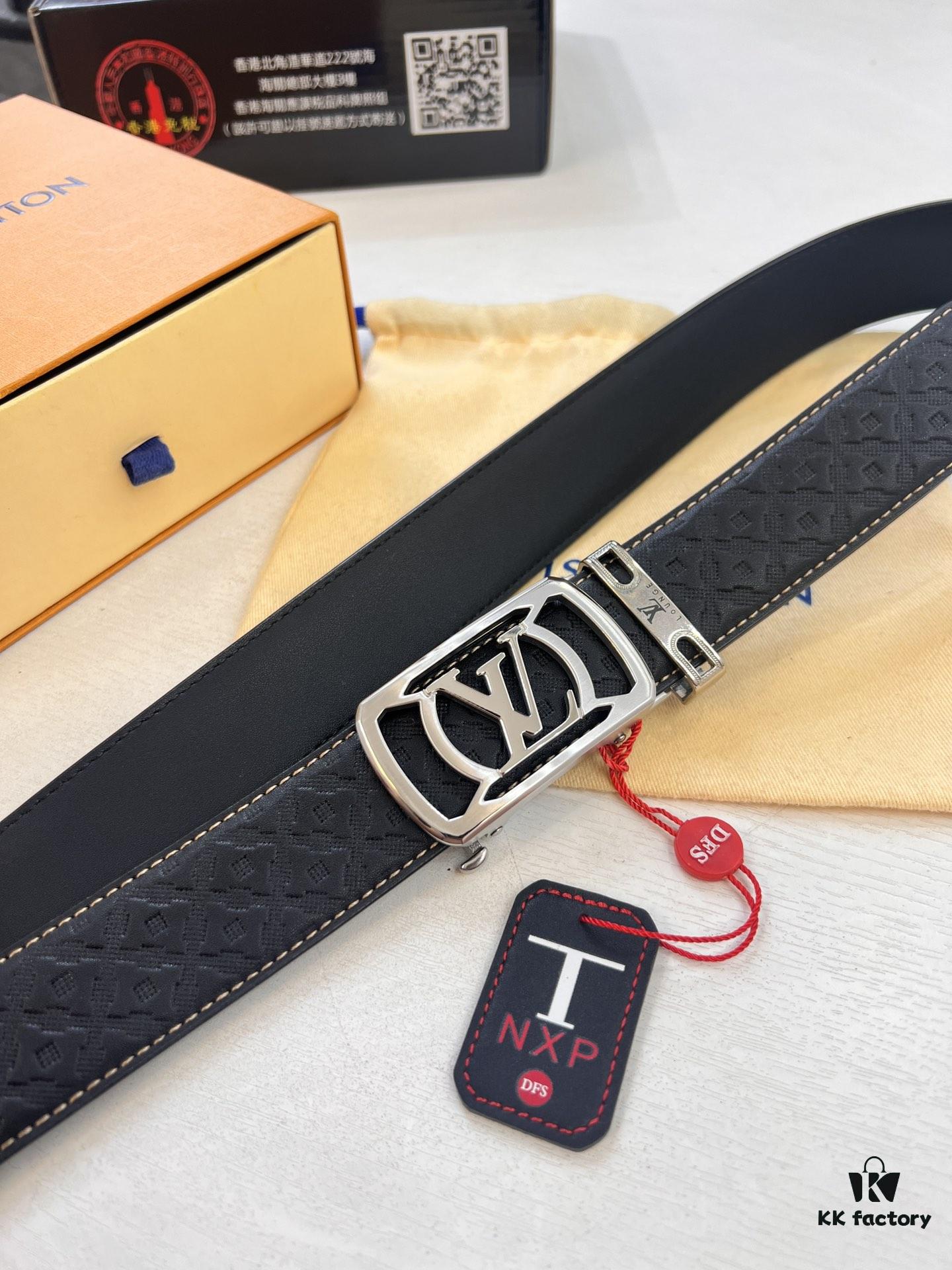 Louis Vuitton Automatic Buckle Belt, Full-Grain Calfskin with Checkerboard Embossing, 3.5cm Width, Top-Quality Craftsmanship