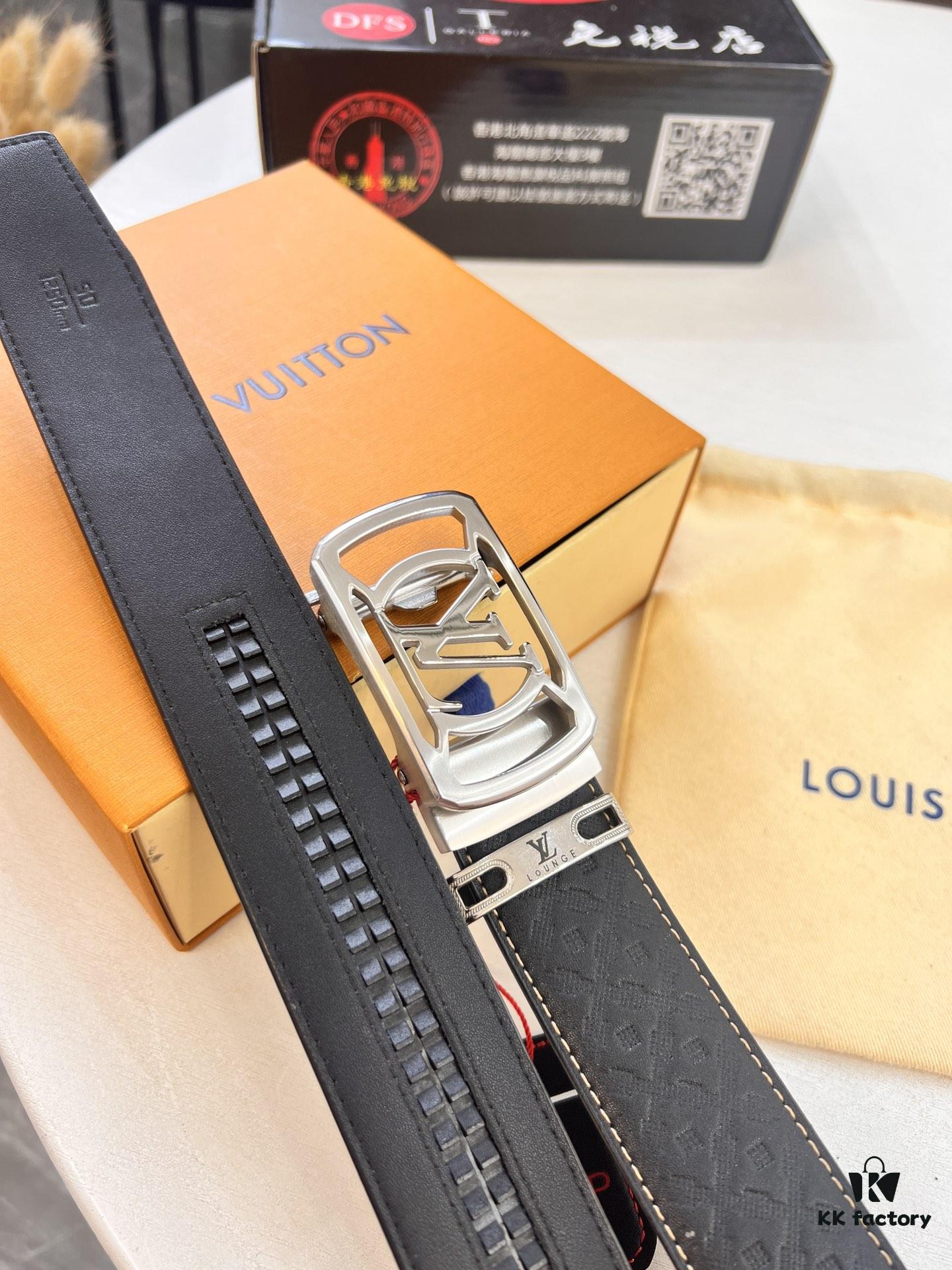 Louis Vuitton Automatic Buckle Belt, Full-Grain Calfskin with Checkerboard Embossing, 3.5cm Width, Top-Quality Craftsmanship