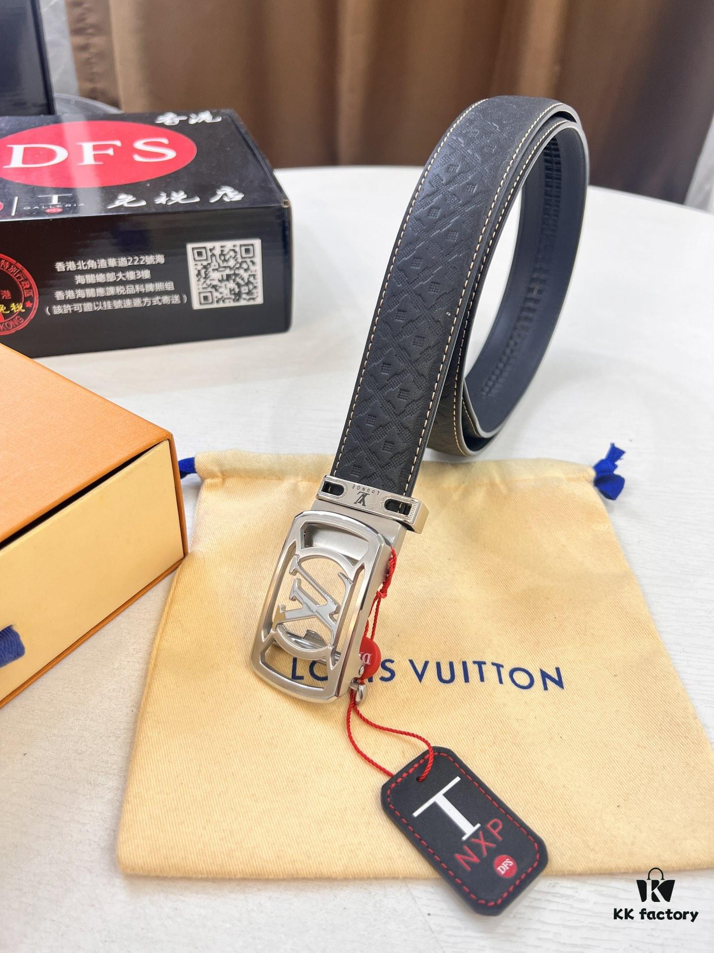 Louis Vuitton Automatic Buckle Belt, Full-Grain Calfskin with Checkerboard Embossing, 3.5cm Width, Top-Quality Craftsmanship