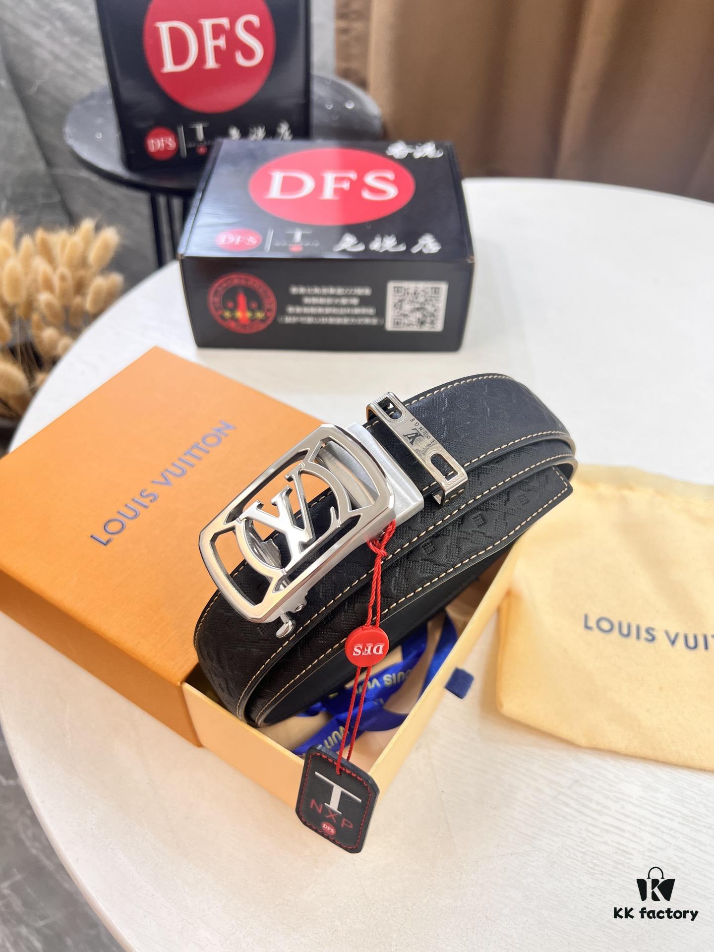 Louis Vuitton Automatic Buckle Belt, Full-Grain Calfskin with Checkerboard Embossing, 3.5cm Width, Top-Quality Craftsmanship