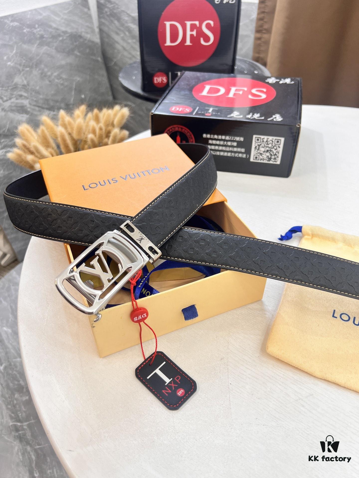 Louis Vuitton Automatic Buckle Belt, Full-Grain Calfskin with Checkerboard Embossing, 3.5cm Width, Top-Quality Craftsmanship