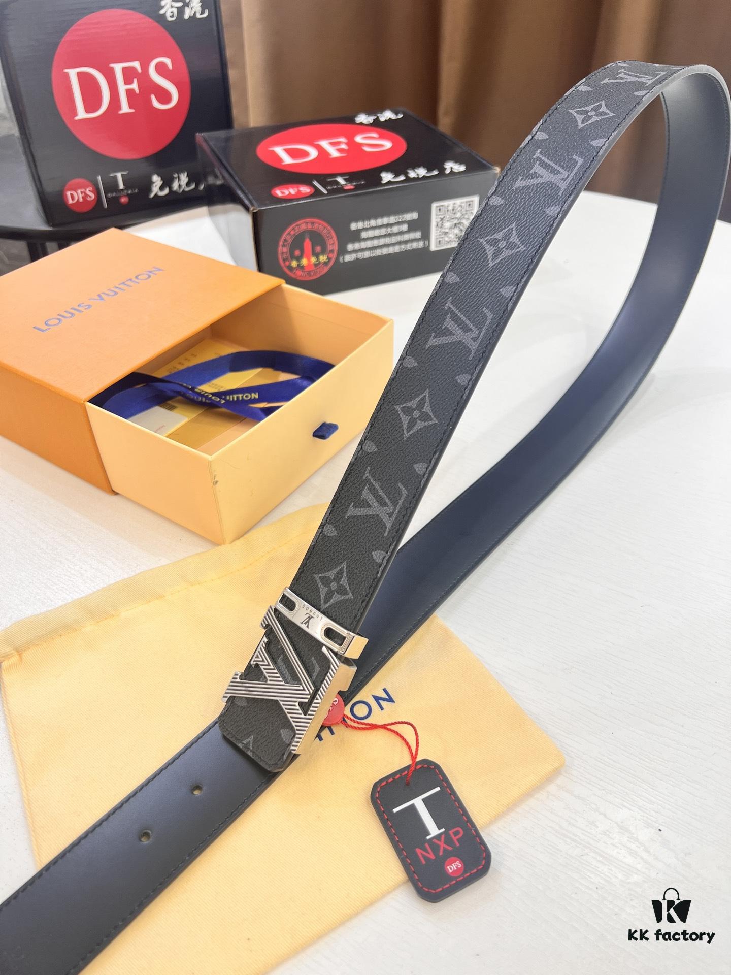 LV Men's Belt, ZP Molded New Style, Synchronized Classic Plaid Fabric, Genuine Cowhide Leather, Heavy-Duty Steel Buckle, 4.0cm Width