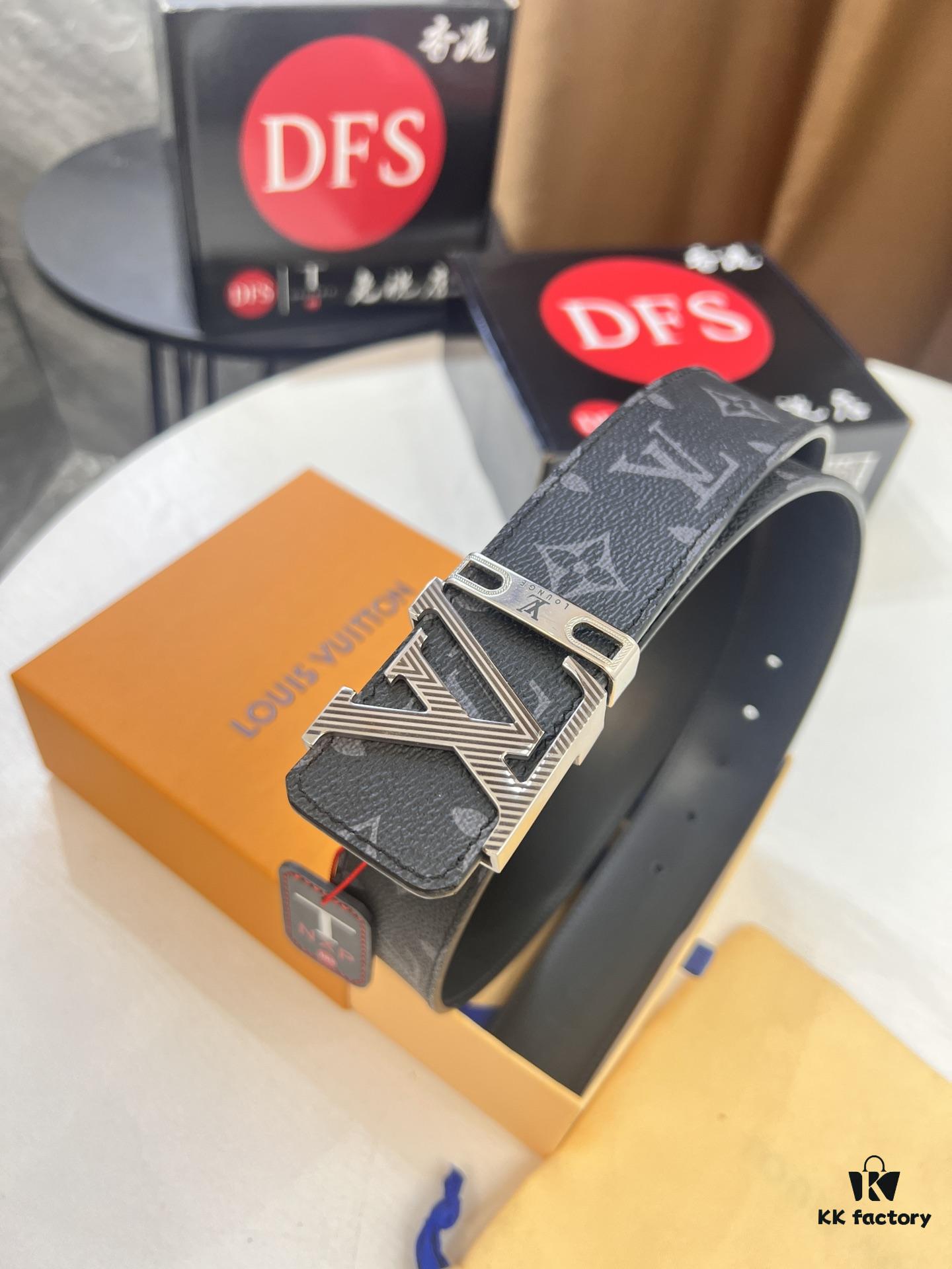 LV Men's Belt, ZP Molded New Style, Synchronized Classic Plaid Fabric, Genuine Cowhide Leather, Heavy-Duty Steel Buckle, 4.0cm Width