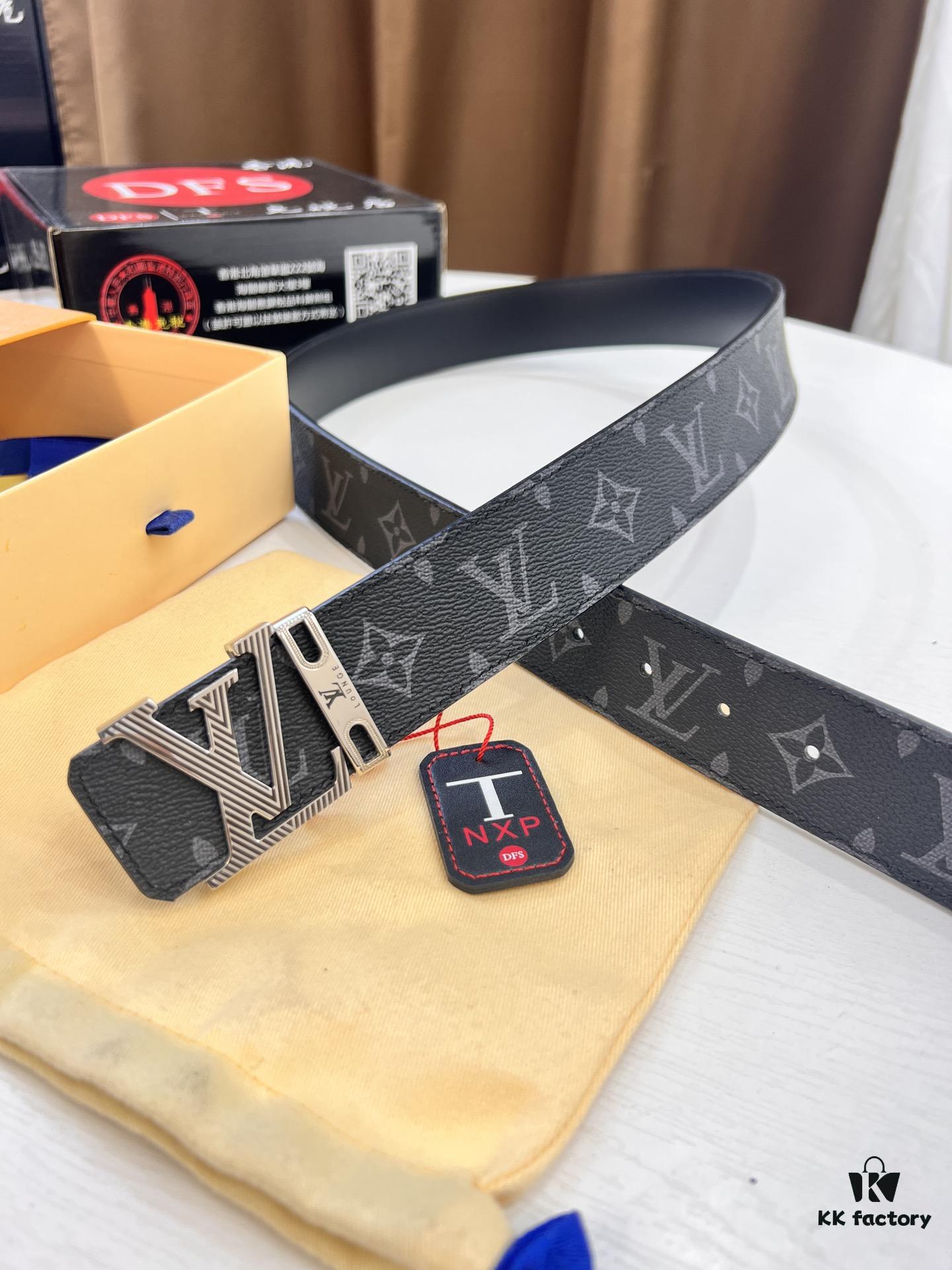 LV Men's Belt, ZP Molded New Style, Synchronized Classic Plaid Fabric, Genuine Cowhide Leather, Heavy-Duty Steel Buckle, 4.0cm Width