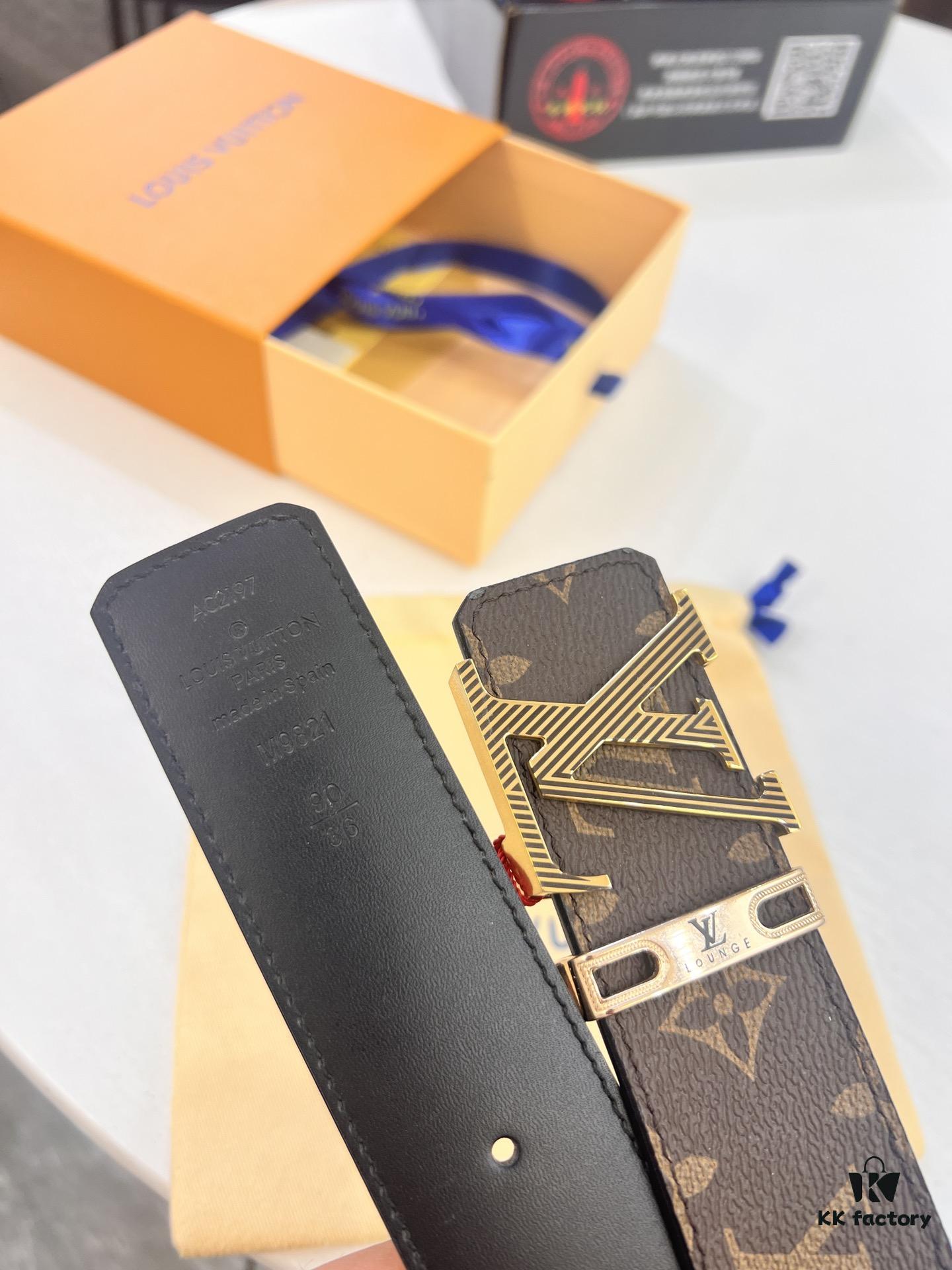 LV Men's Belt, New Arrival, ZP Molded, Matching Classic Check Fabric, Genuine Cowhide Leather, Heavy-Duty Stainless Steel Buckle, 4.0cm Width