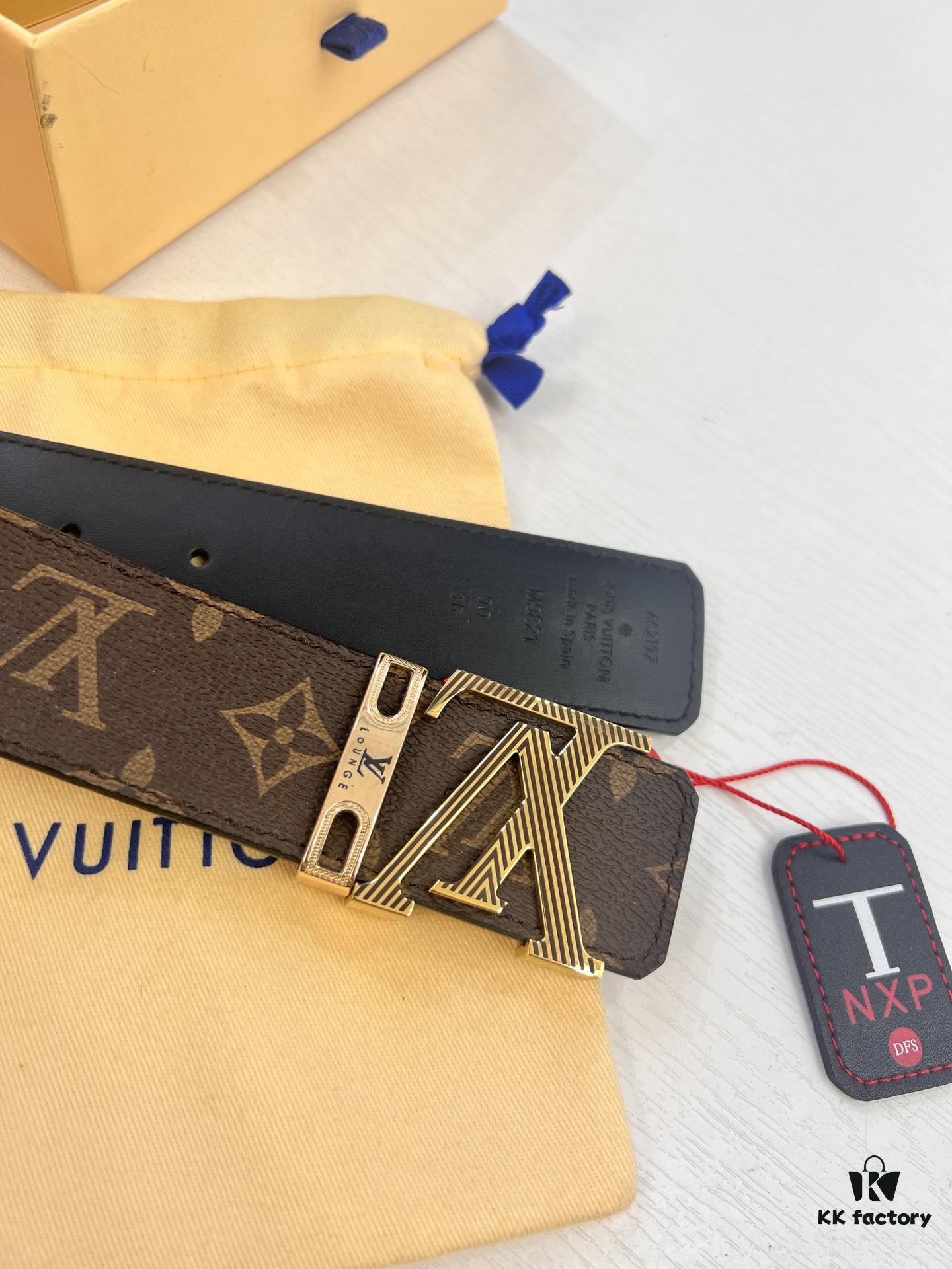 LV Men's Belt, New Arrival, ZP Molded, Matching Classic Check Fabric, Genuine Cowhide Leather, Heavy-Duty Stainless Steel Buckle, 4.0cm Width