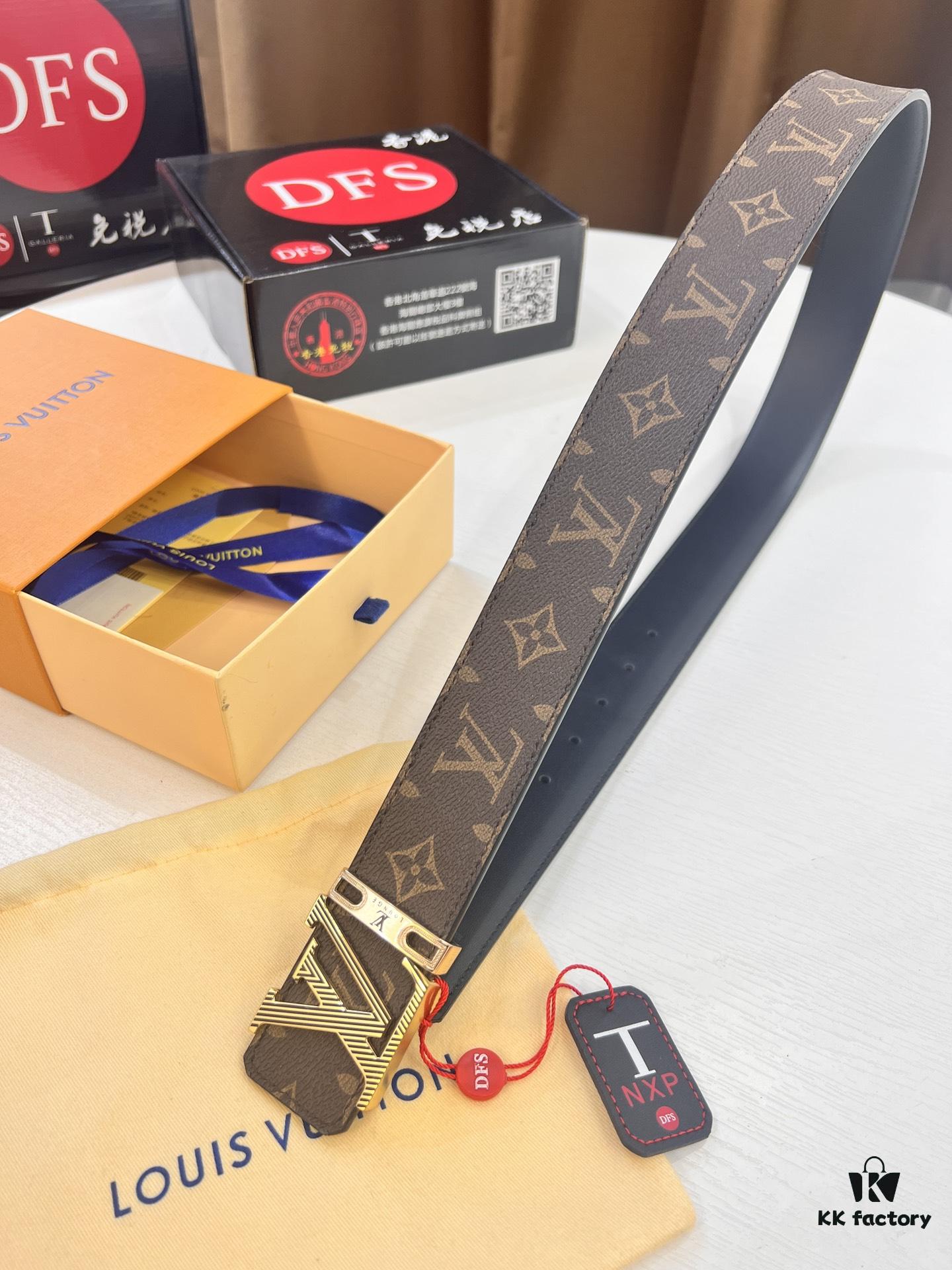 LV Men's Belt, New Arrival, ZP Molded, Matching Classic Check Fabric, Genuine Cowhide Leather, Heavy-Duty Stainless Steel Buckle, 4.0cm Width